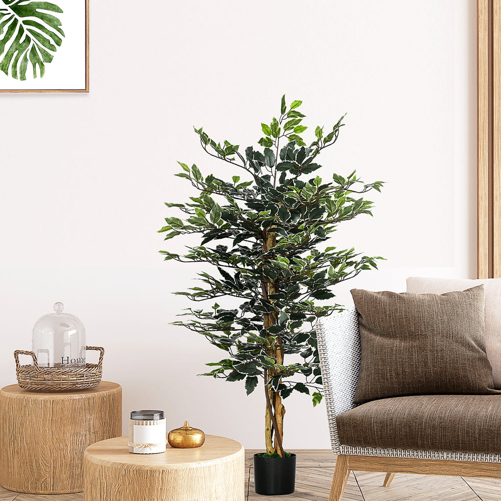 HOMCOM Artificial Ficus Tree in Pot, 130cm Tall Fake Plant with Lifelike Leaves and Natural Trunks, for Indoor Outdoor, Green