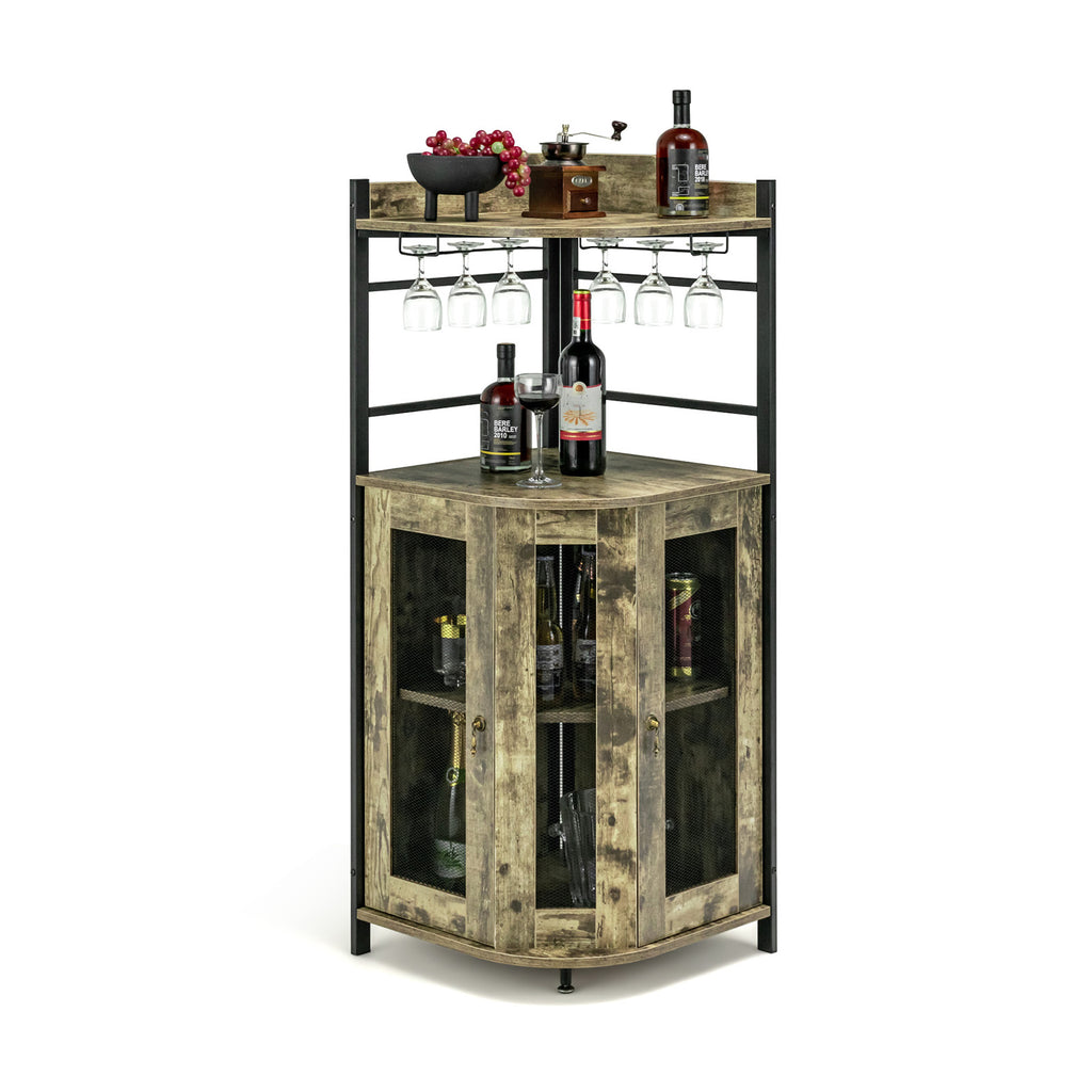 Industrial Corner Bar Wine Cabinet with Metal Mesh Doors and Adjustable Shelf-Rustic Brown