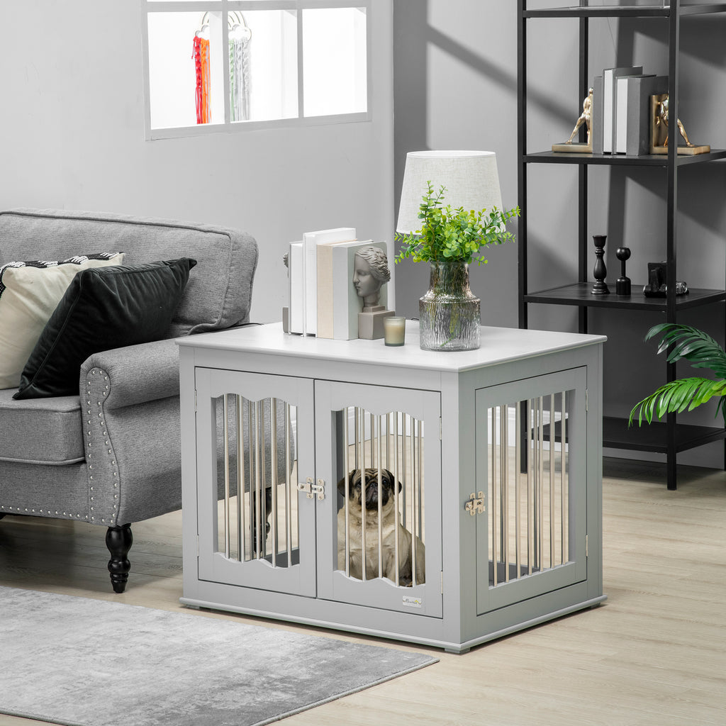 PawHut Dog Crate End Table with Three Doors Furniture Style Dog Crate for Medium Dogs with Locks & Latches Grey