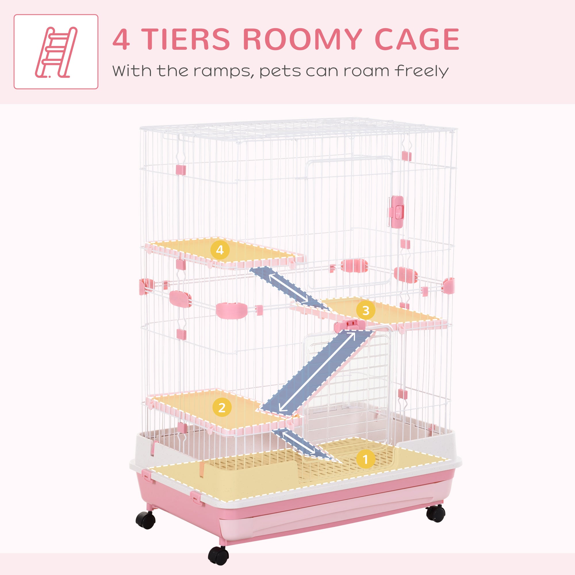 PawHut Four-Tier Small Animal Cage, for Bunnies, Ferrets, Chinchillas w/ Wheels, Tray - Pink