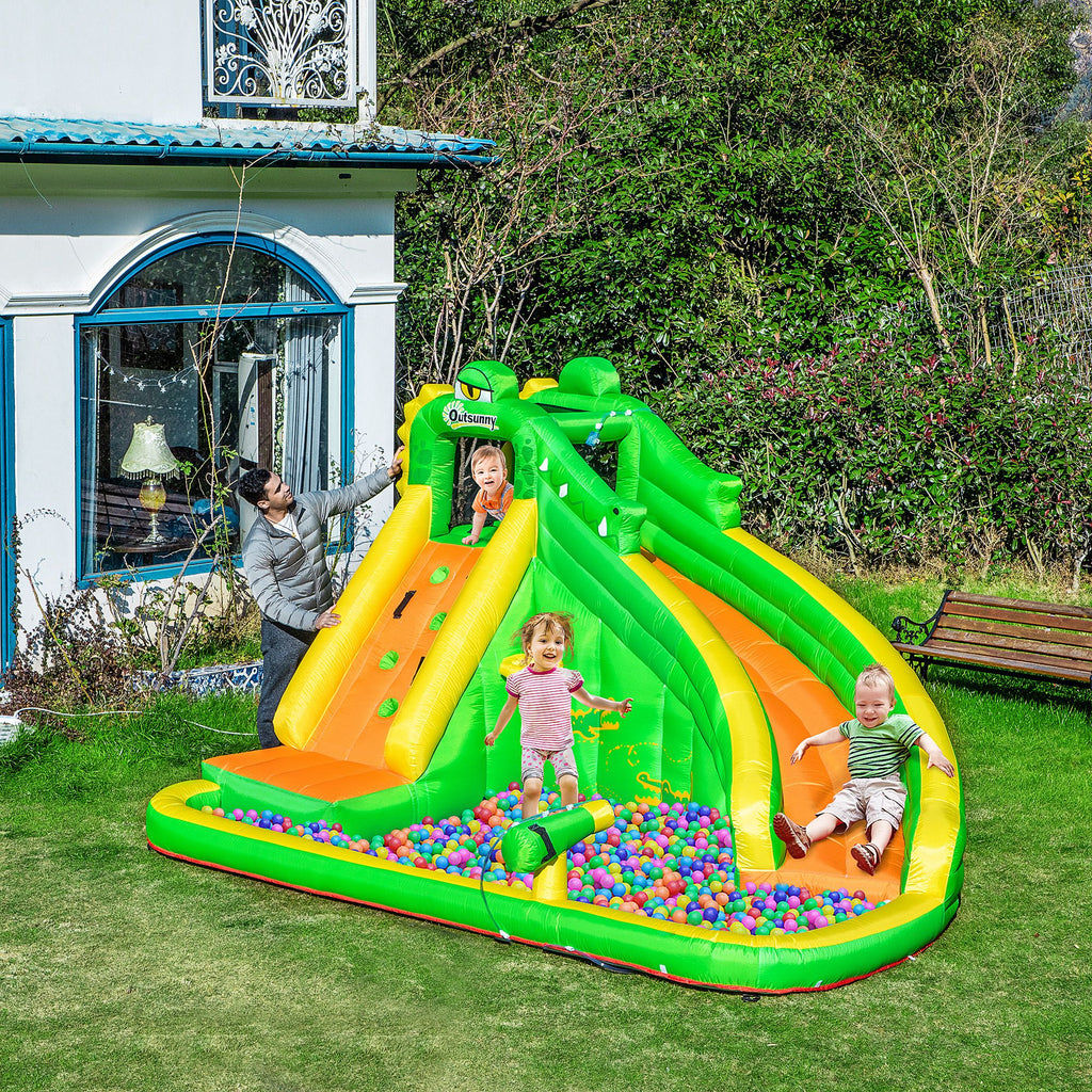 Outsunny 5 in 1 Kids Bouncy Castle Large Crocodile Style Inflatable House Slide Basket Water Pool Climbing Wall for Kids Age 3-8, 3.85 x 2.85 x 2.25m - Inspirely