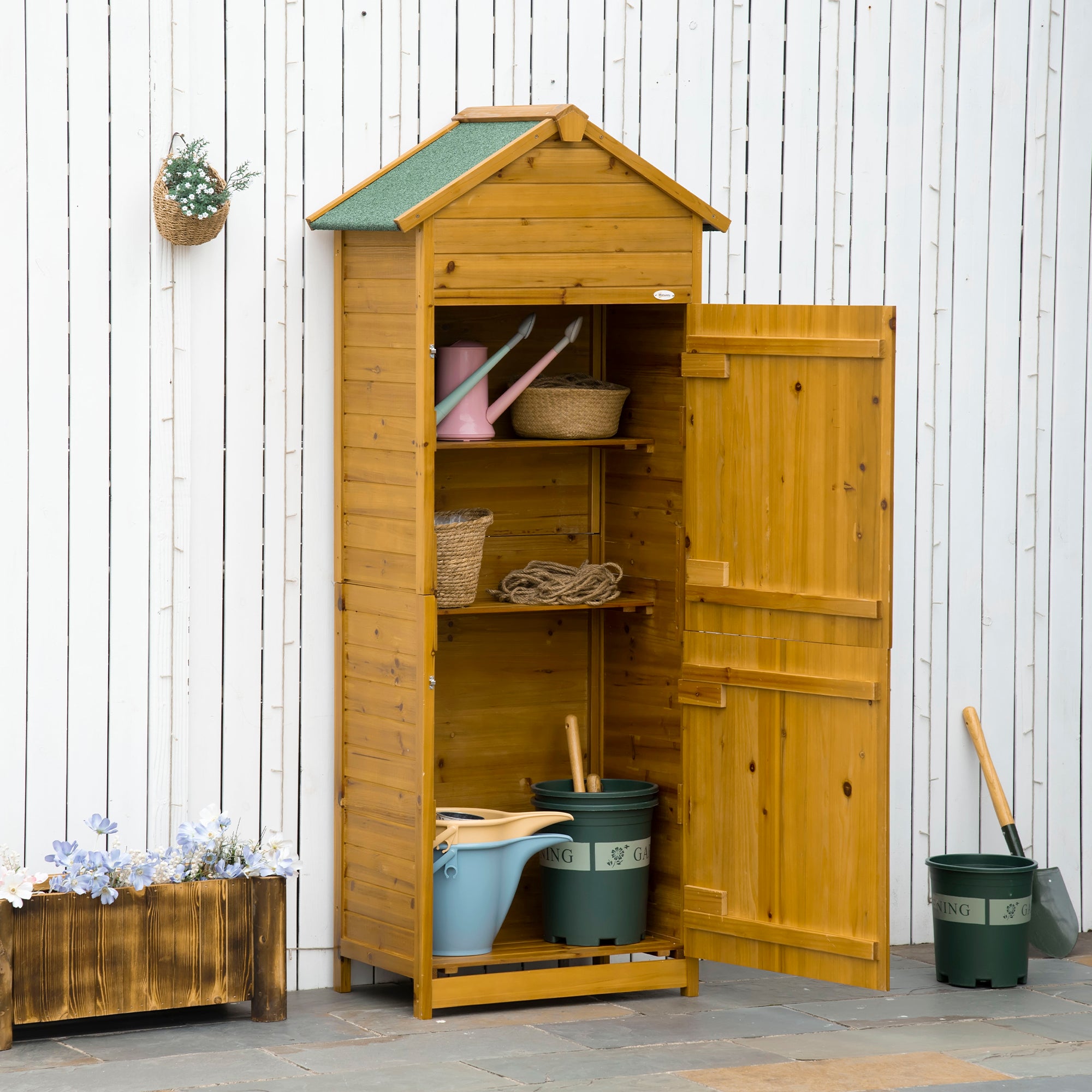 Outsunny Wooden Garden Storage Shed Utility Gardener Cabinet w/ 3 Shelves and 2 Door, 191.5cm x 79cm x 49cm, Natural Wood Effect