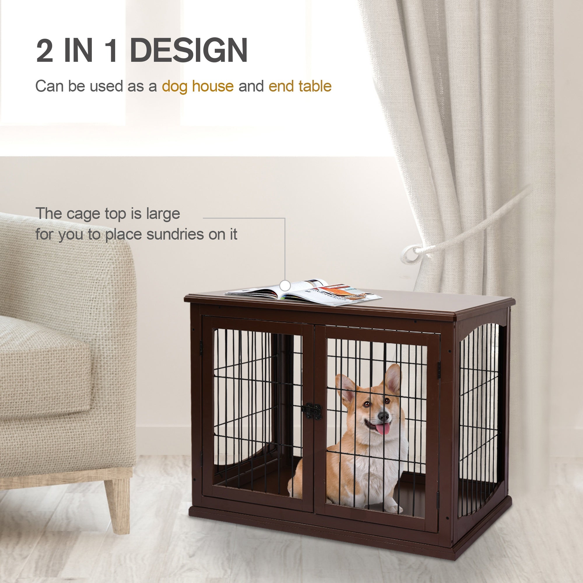 Small Dogs 3-Door MDF Indoor Cage Brown - Inspirely