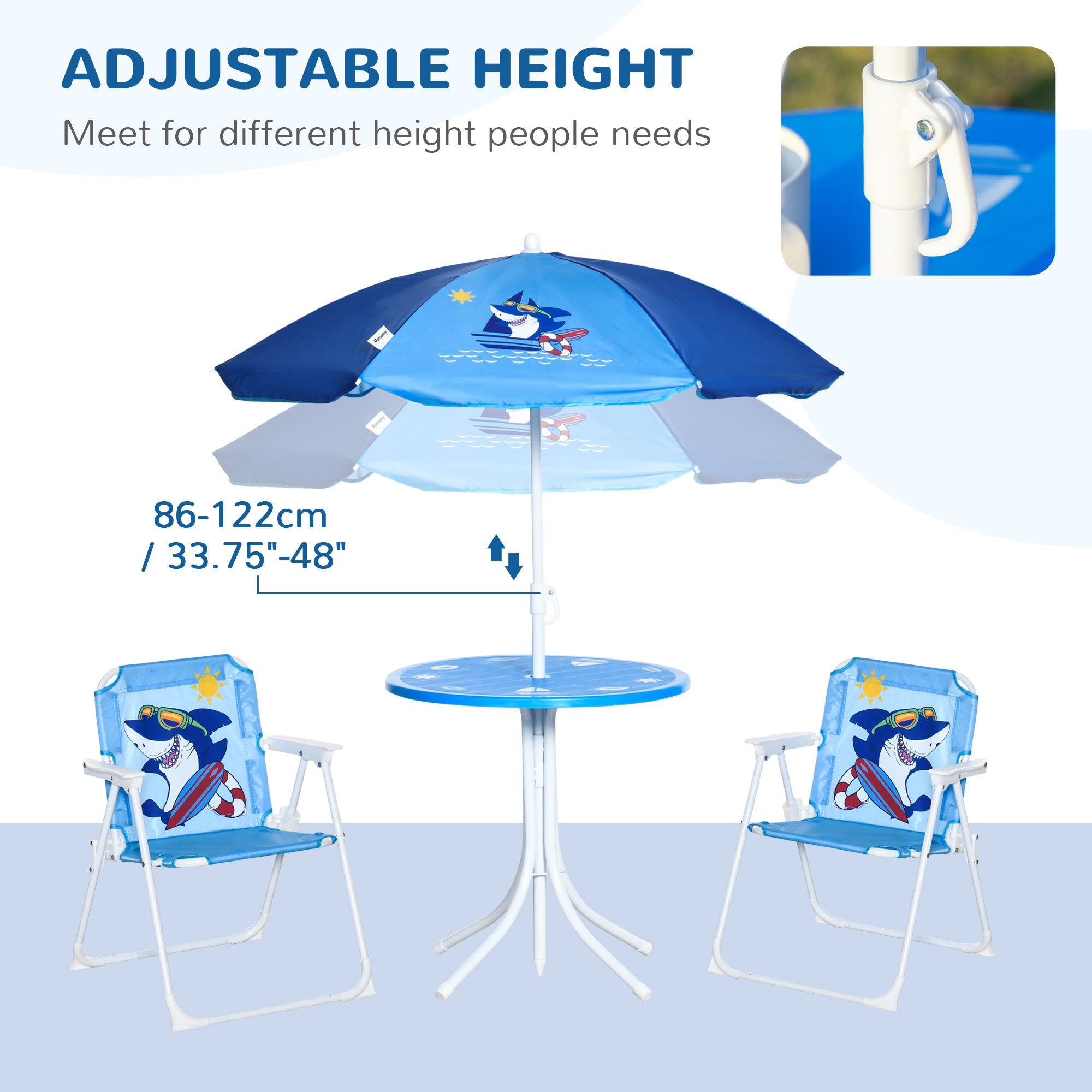 Outsunny Kids Picnic & Table Chair set, Outdoor Folding Garden Furniture w/ Shark Design, Removable, Adjustable Sun Umbrella, Ages 3-6 Years - Blue - Inspirely