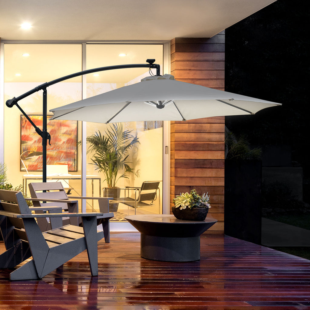 Outsunny 3(m) LED Cantilever Parasol Banana Garden Umbrella with Solar Lights, Crank Handle and Cross Base, Hanging Sun Shade, Off-White
