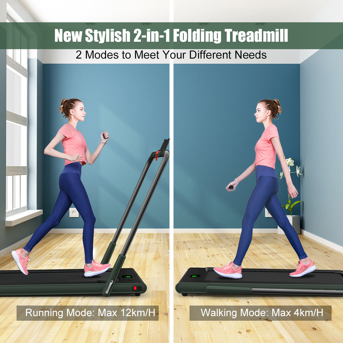 Folding Treadmill with LED Display Bluetooth Speaker-Green