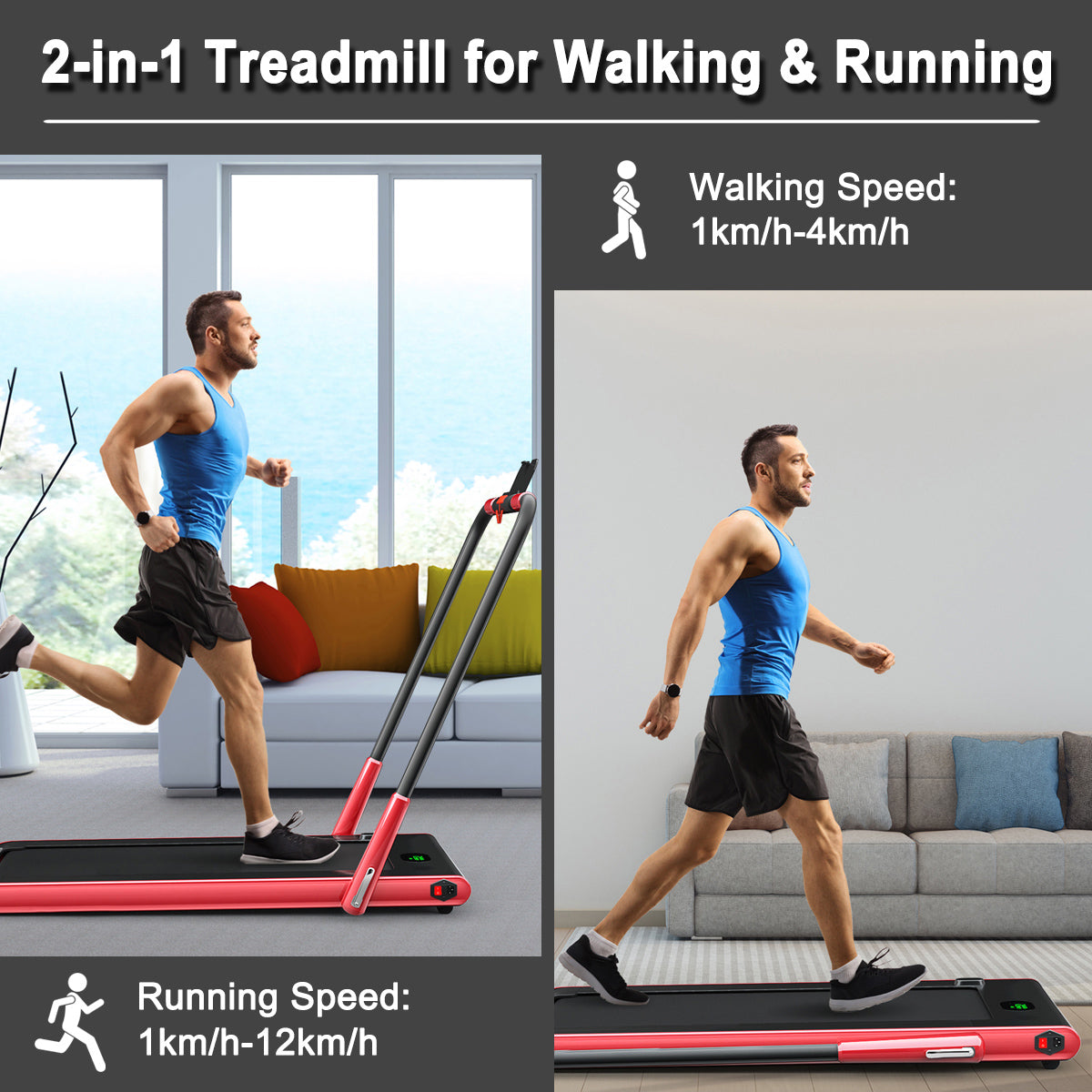 Folding Treadmill with LED Display Bluetooth Speaker-Red