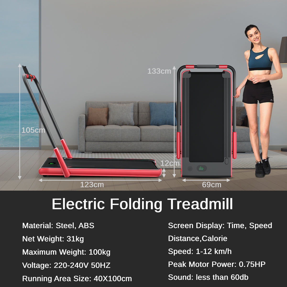 Folding Treadmill with LED Display Bluetooth Speaker-Red