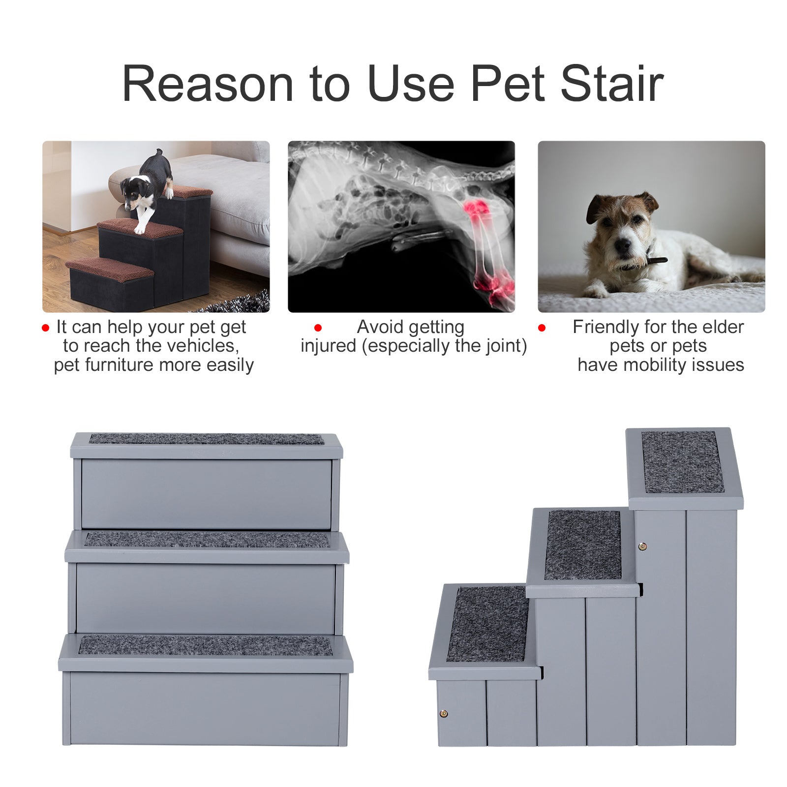 PawHut 3 Step Wooden Pet Stairs Steps Dog Stairs Carpet Non Slip Grey - Inspirely