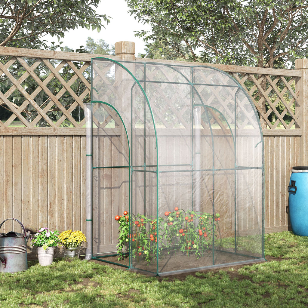 Outsunny Walk-In Greenhouse Lean to Wall Tunnel Greenhouse with Zippered Roll Up Door PVC Cover Sloping Top, 143 x 118 x 212 cm - Inspirely