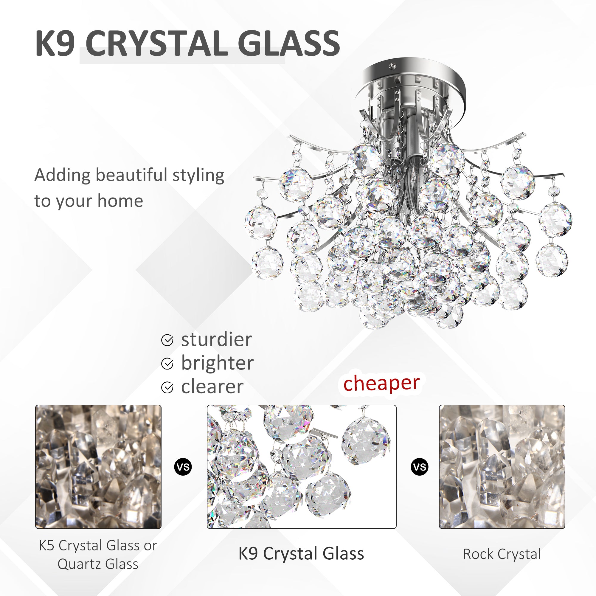 HOMCOM 3 Lights Mordern Style Ceiling Chandelier Pendant Crystal Light w/ Transparent K9 Crystal Droplets D40 X 28H (CM) - Inspirely