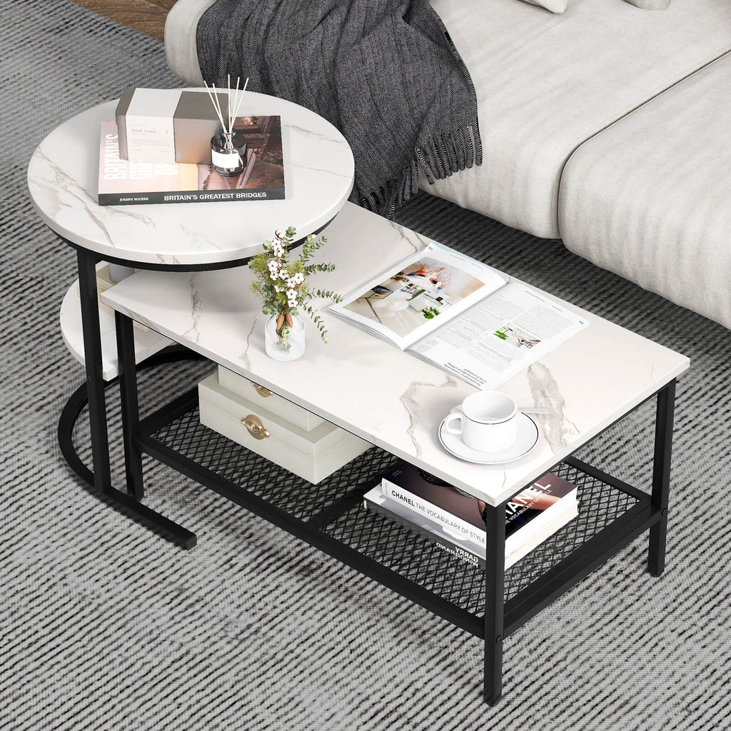 Set of 2 Nesting Coffee Table with Extra Storage Shelf-Black