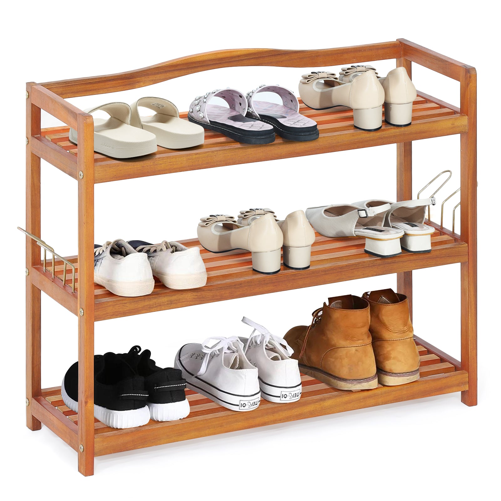 Solid Acacia Wood Shoe Rack Shelf with Side Metal Hooks-3-Tier