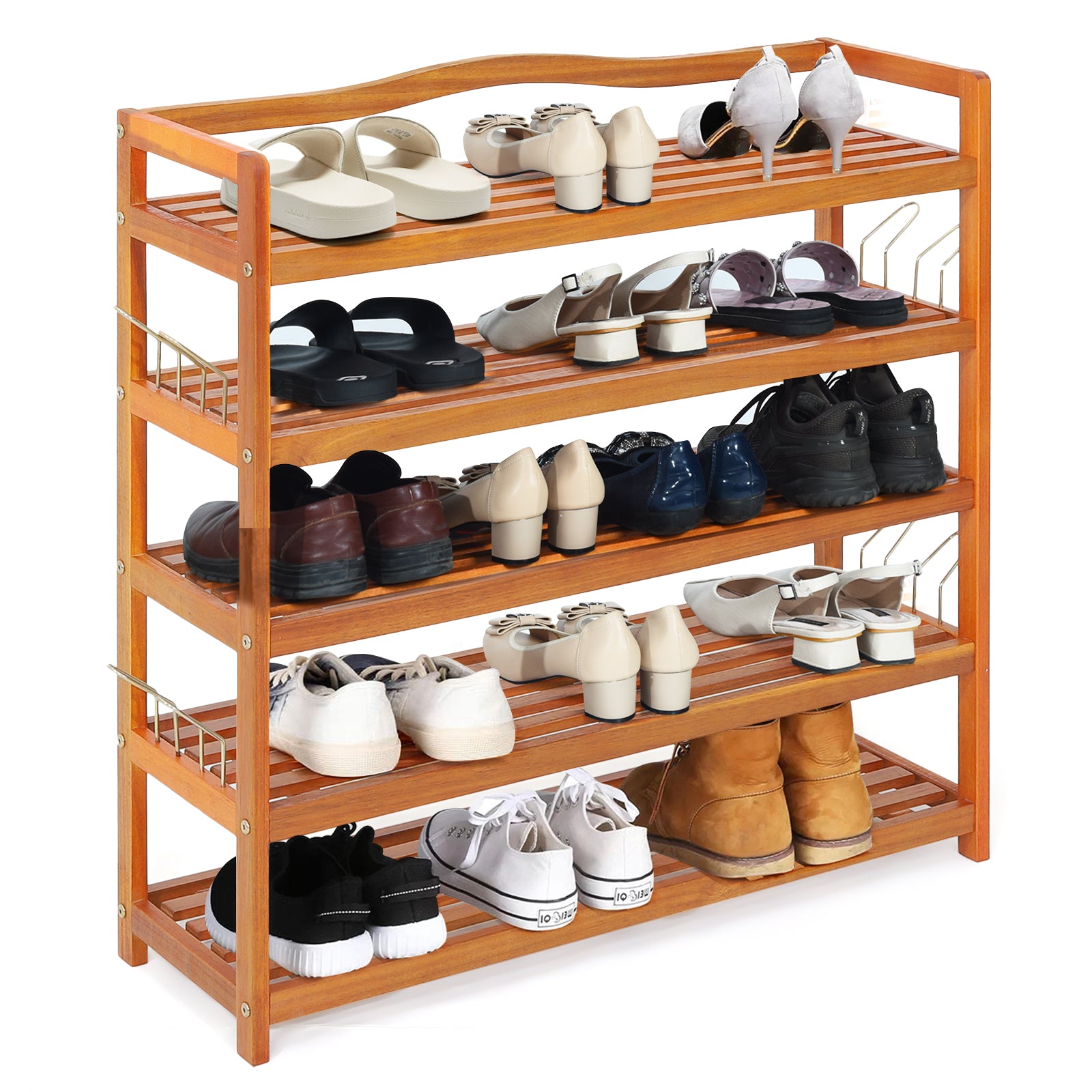 Solid Acacia Wood Shoe Rack Shelf with Side Metal Hooks-5-Tier