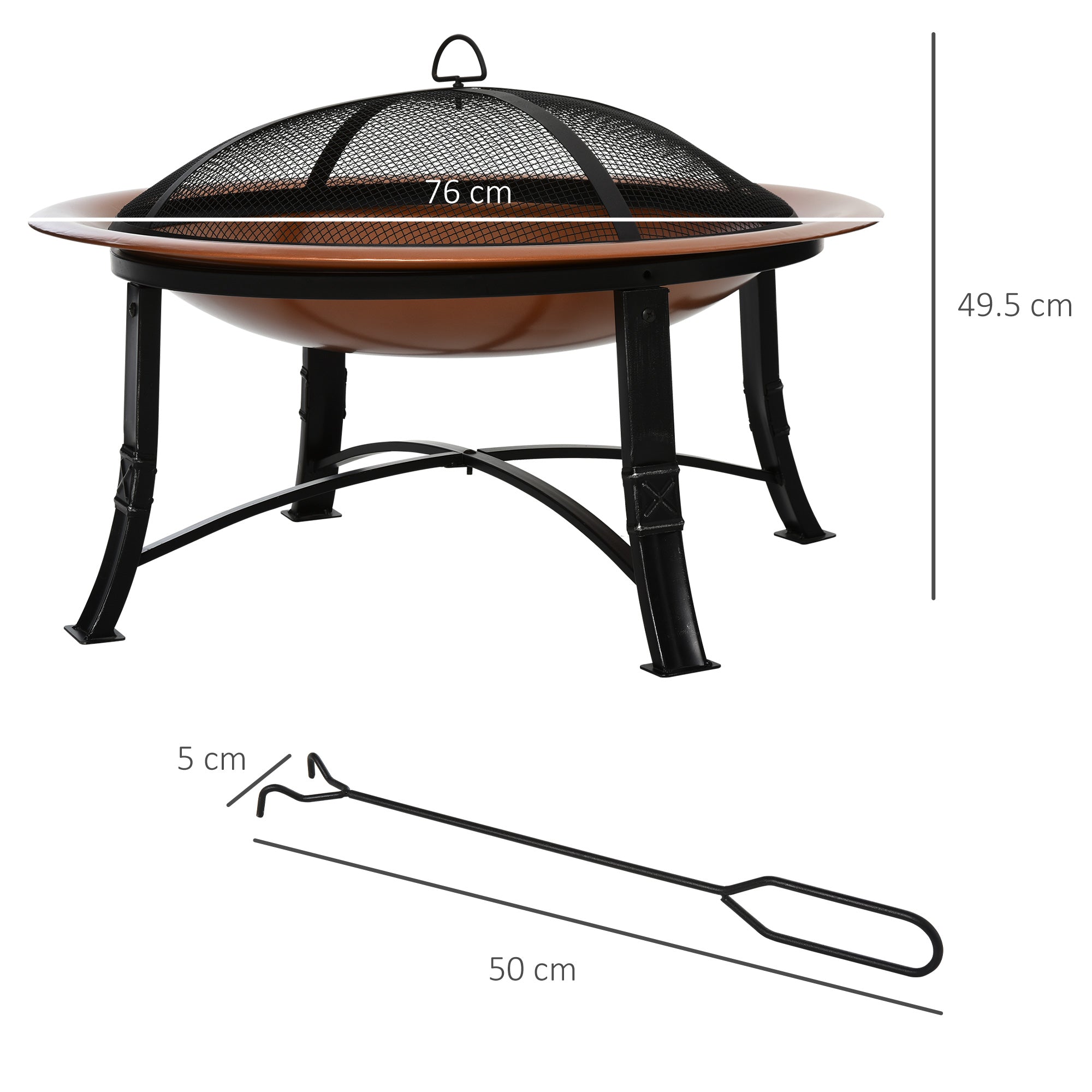 Outsunny Metal Large Firepit Bowl Outdoor Round Fire Pit w/ Lid, Log Grate, Poker for Backyard, Camping, Picnic, Bonfire, 76 x 76 x 49.5cm, Bronze