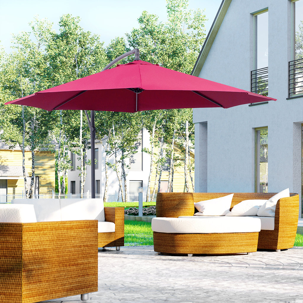 Outsunny 3(m) Garden Banana Parasol Hanging Cantilever Umbrella with Crank Handle and Cross Base for Outdoor, Sun Shade, Wine Red - Inspirely