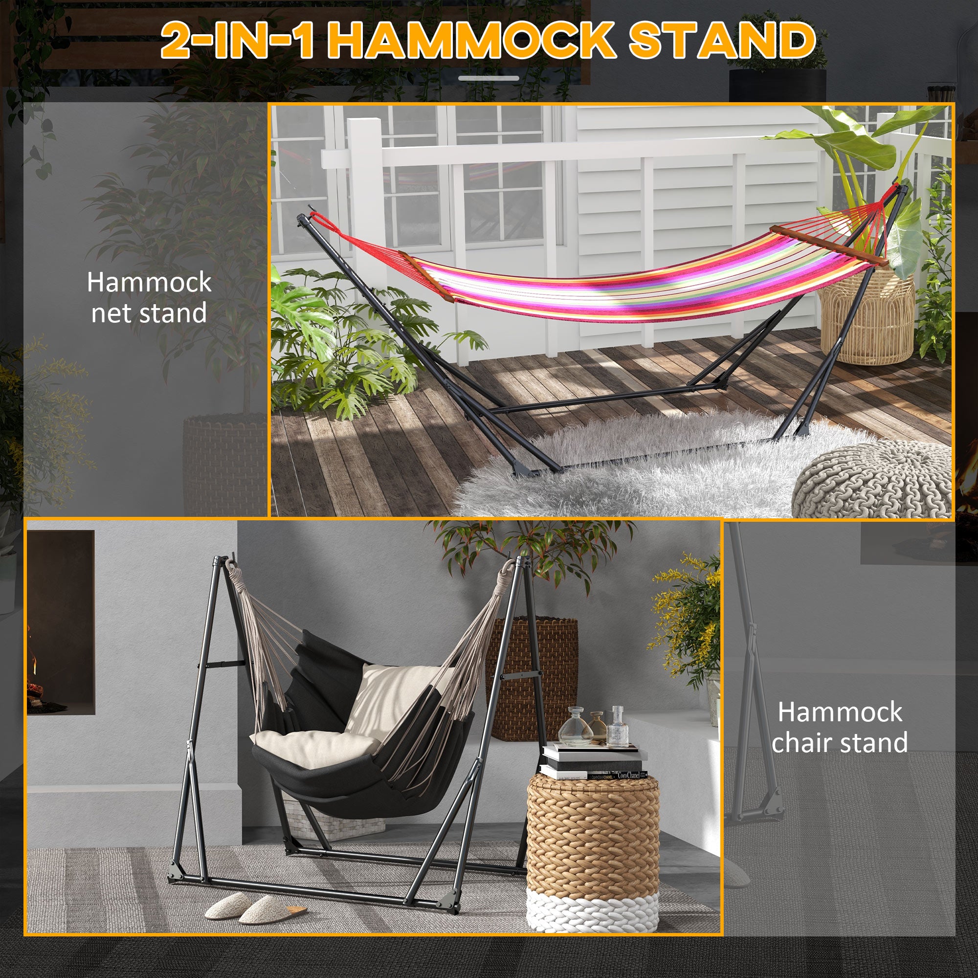 Outsunny Foldable Hammock Stand, Portable Hammock with Metal Frame, 2 in 1 Hammock Net Stand, Hammock Chair Stand, Load Capacity 120kg