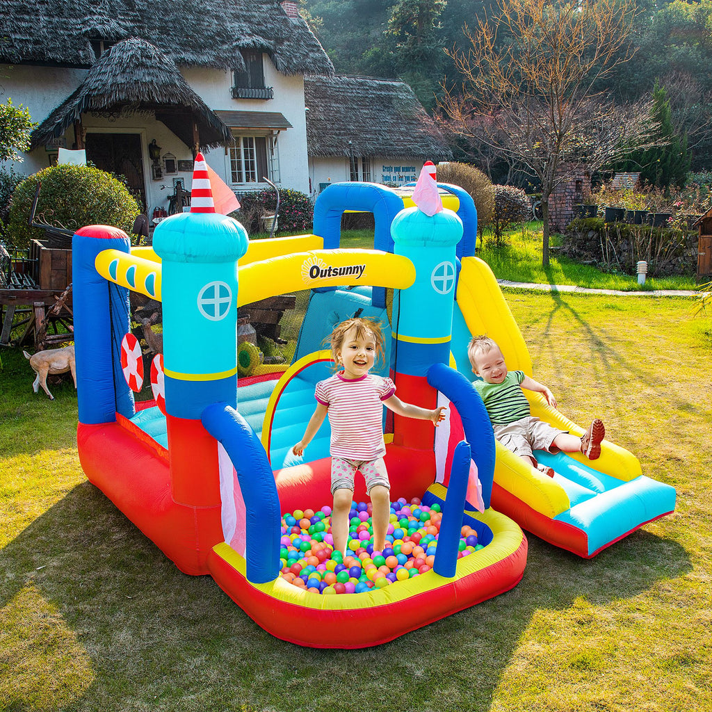 Outsunny 4 in 1 Kids Bounce Castle Large Sailboat Style Inflatable House Slide Trampoline Water Pool Climbing Wall for Kids Age 3-8, 2.65 x 2.6 x 2m - Inspirely