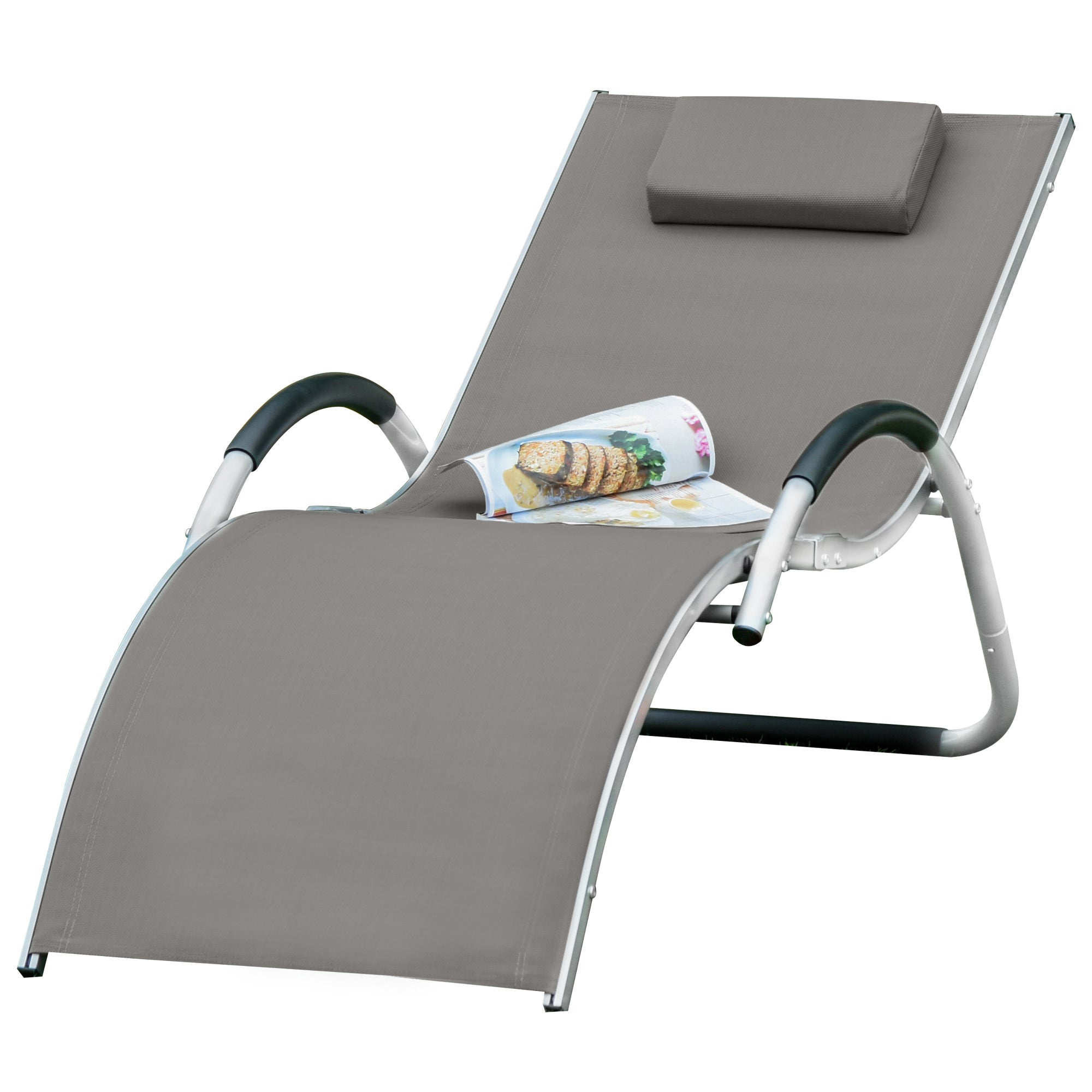 Outsunny Ergonomic Lounger Chair Portable Armchair with Removable Headrest Pillow for Garden Patio Outside All Aluminium Frame Khaki - Inspirely