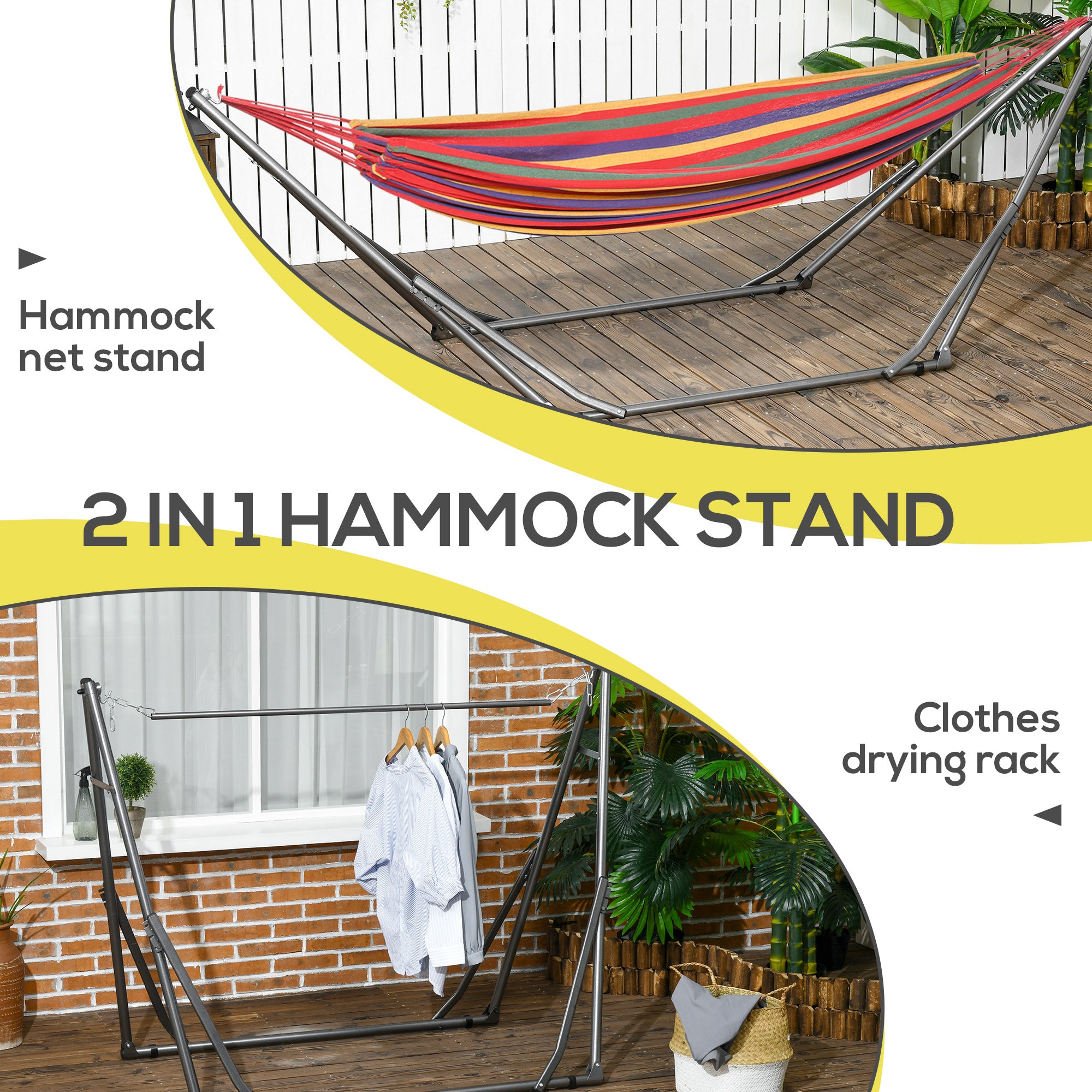 Outsunny Foldable Hammock Stand, Portable Hammock with Metal Frame, 2 in 1 Hammock Net Stand, Clothes Drying Rack, Load Capacity 120kg Black