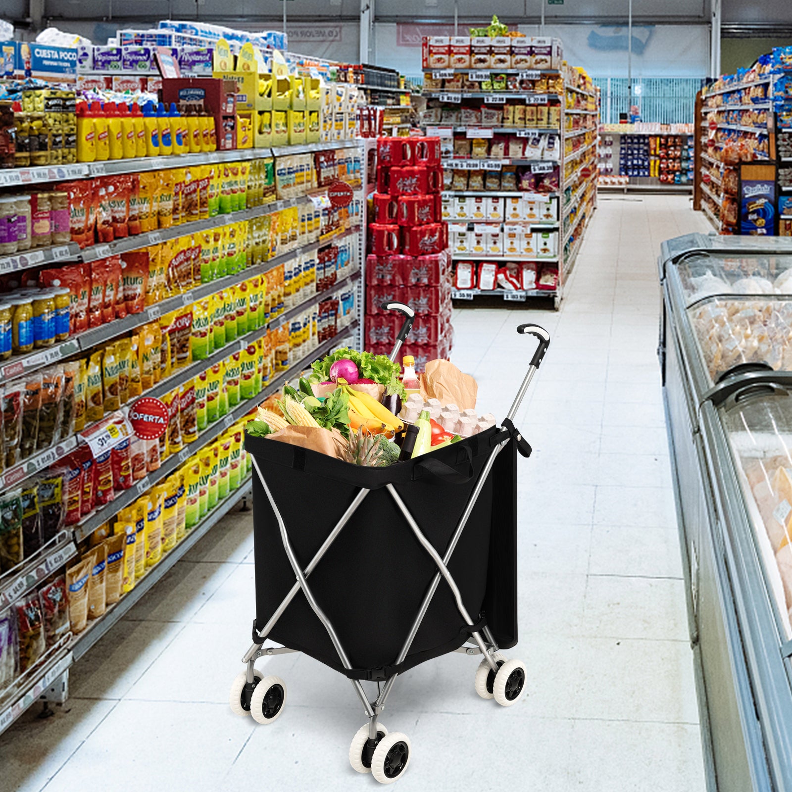 90L Folding Shopping Trolley with Removable Waterproof Bag and Cove-Black