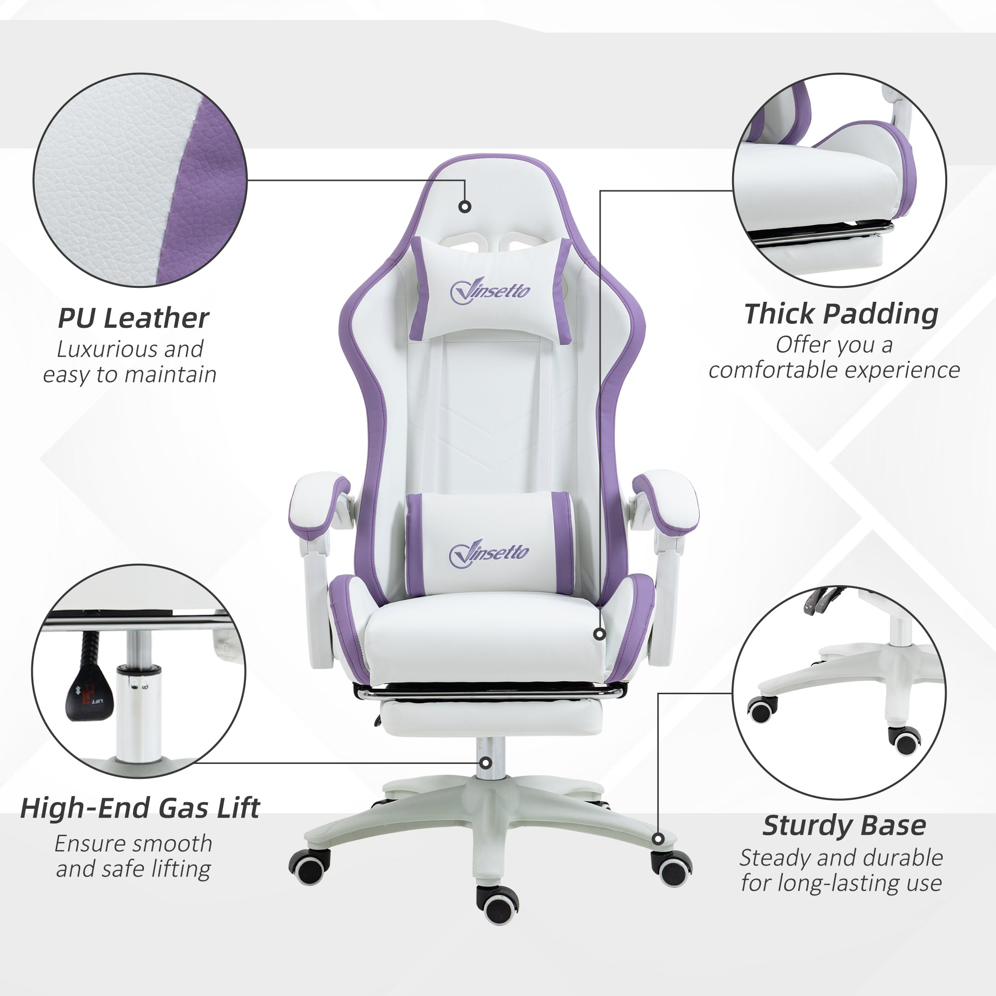 Vinsetto Racing Gaming Chair, Reclining PU Leather Computer Chair with 360 Degree Swivel Seat, Footrest, Removable Headrest and Lumber Support, Purple