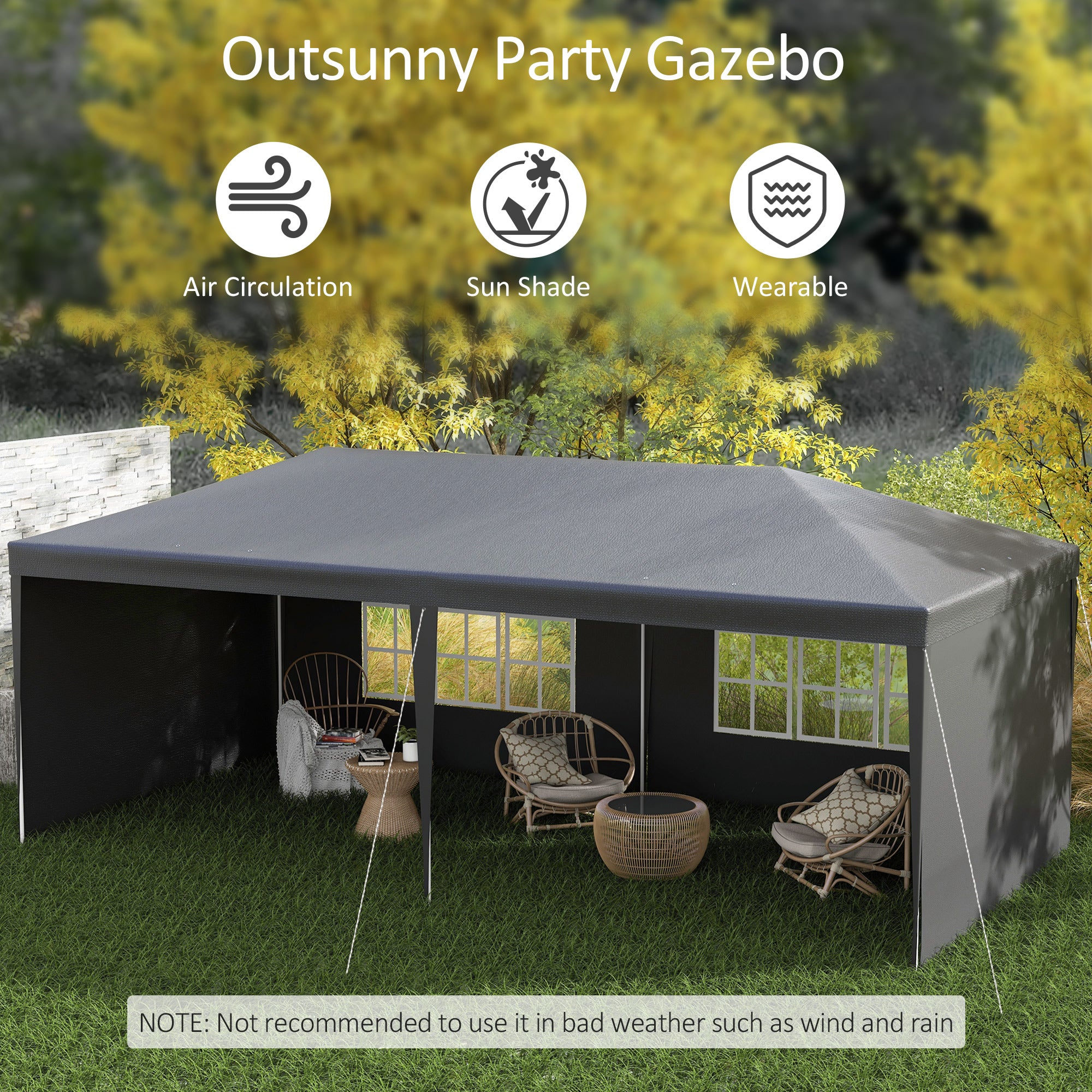 Outsunny 6 x 3 m Party Tent Gazebo Marquee Outdoor Patio Canopy Shelter with Windows and Side Panels, Dark Grey