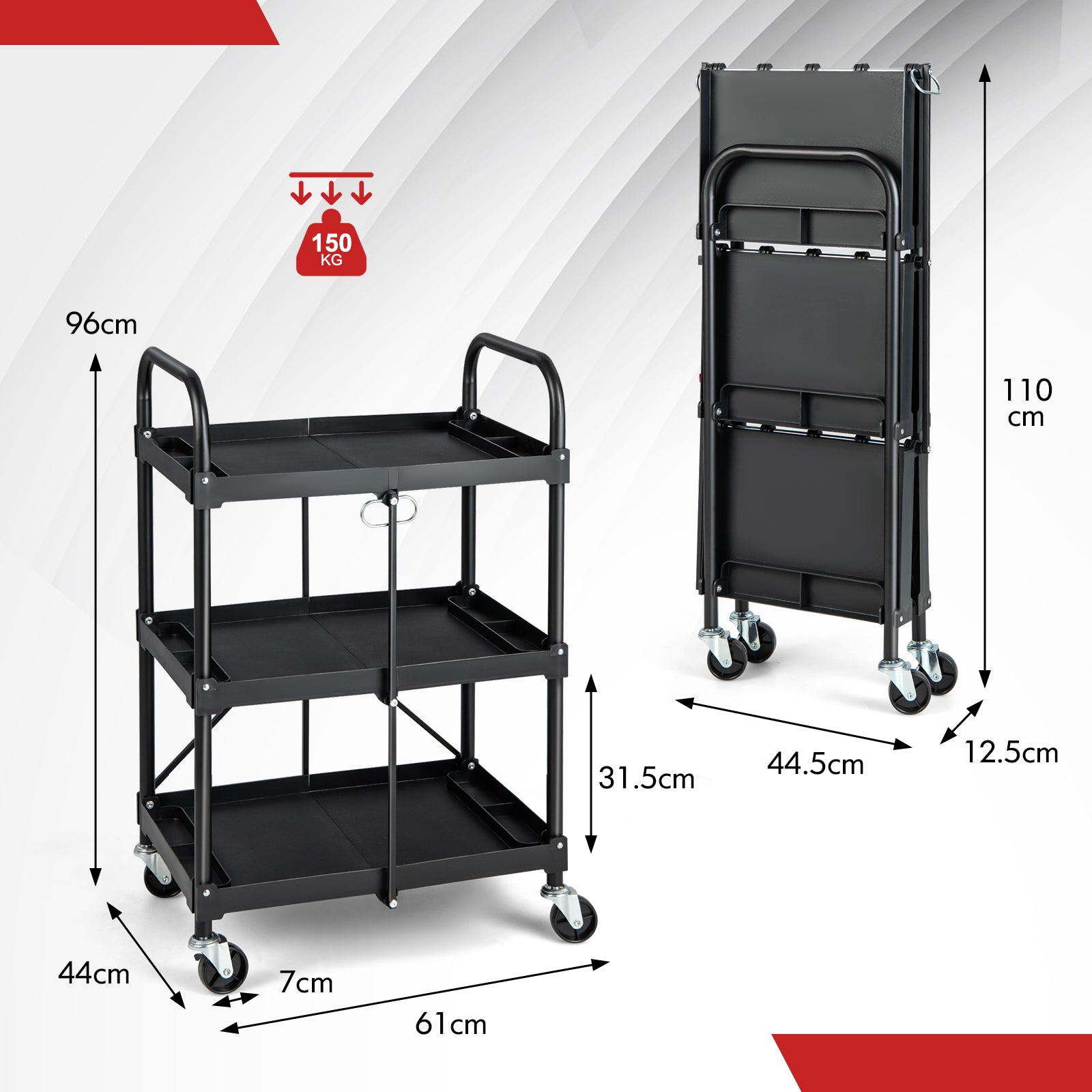 3 Tiers Folding Tool Trolley with Lockable Wheels and Tool Grooves
