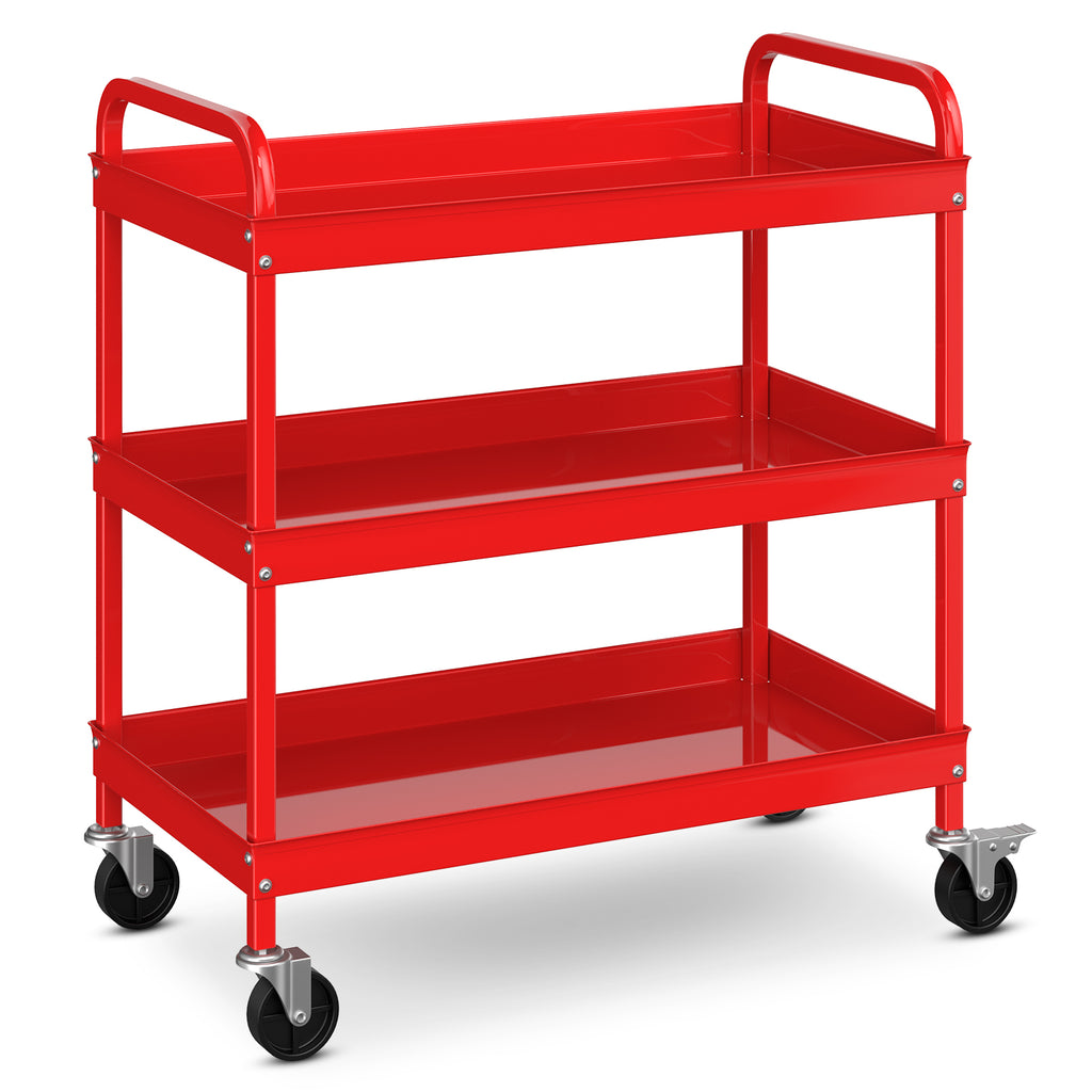 3-Tier Tool Trolley with 2 U-Handles and Lockable Wheels-Red