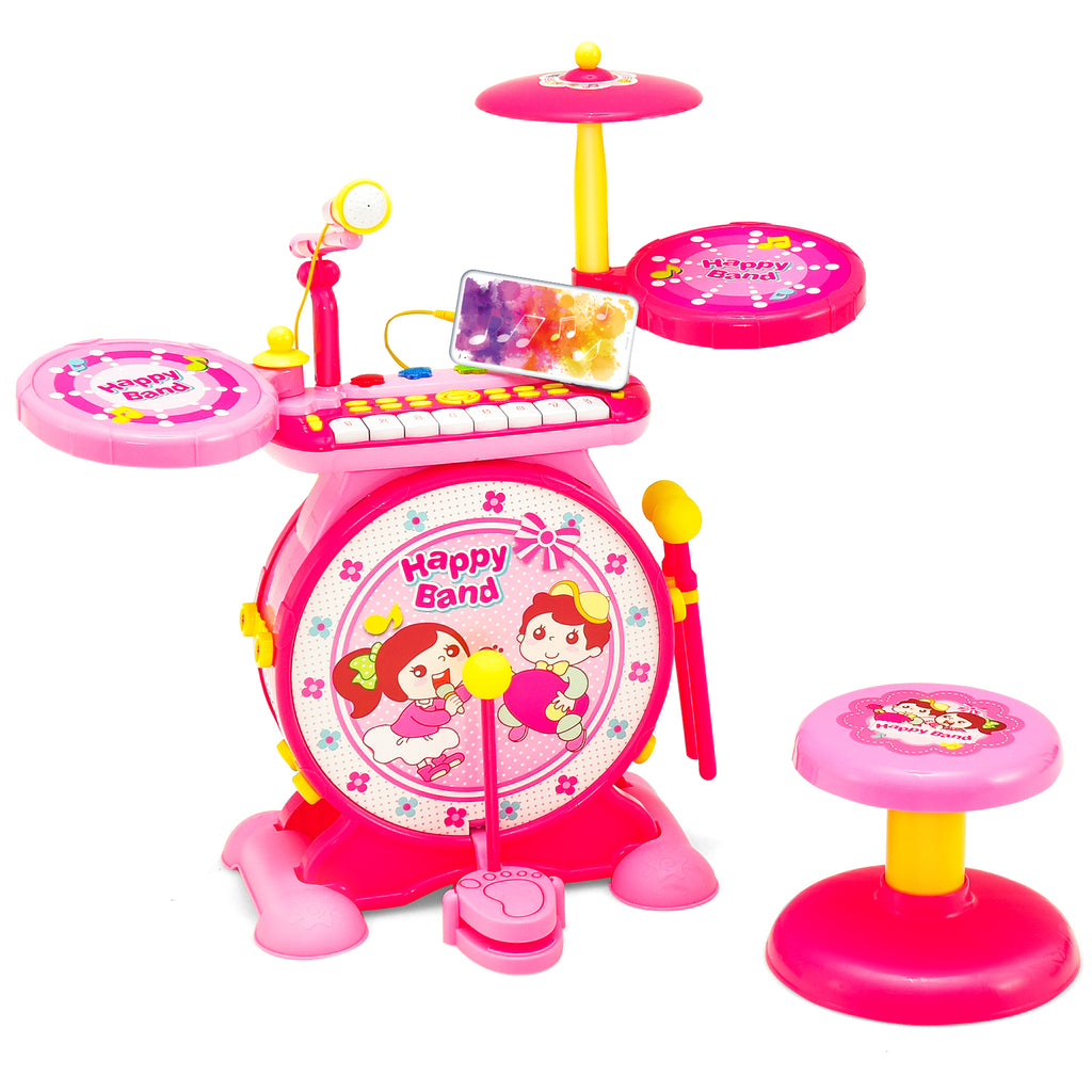 3 in 1 Kids Drum Set with 8 Keys Keyboard and LED Lights Pink