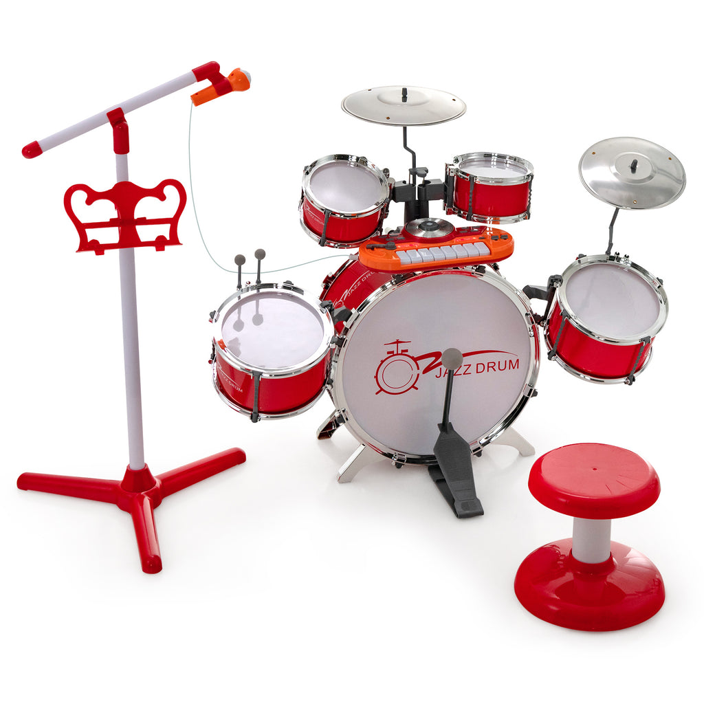 Kids Drum Kit with 8 Keys Keyboard, Microphone and 2 Drumsticks Red