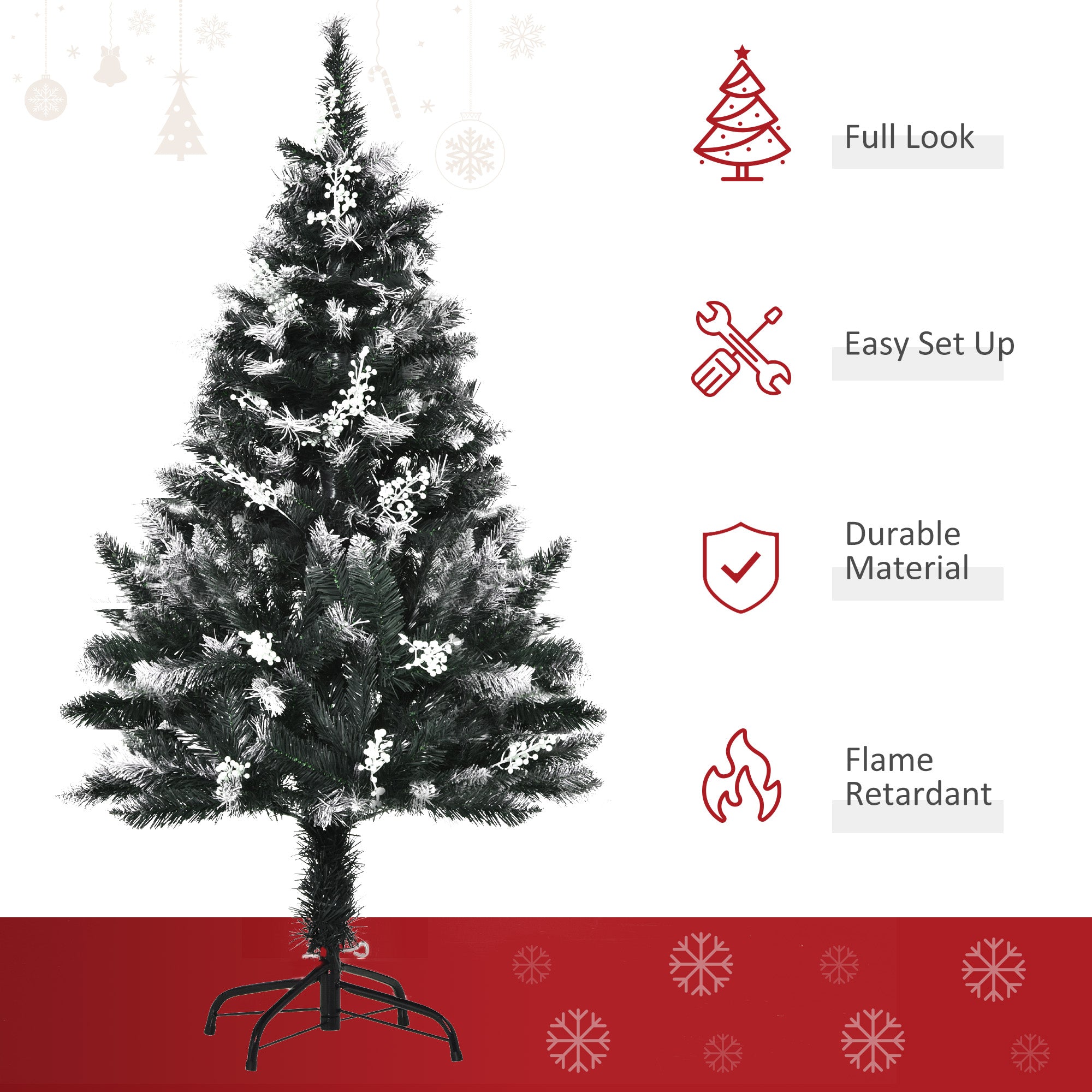 HOMCOM 4ft Artificial Snow Dipped Christmas Tree Xmas Pencil Tree Holiday Home Indoor Decoration with Foldable Feet White Berries Dark Green - Inspirely