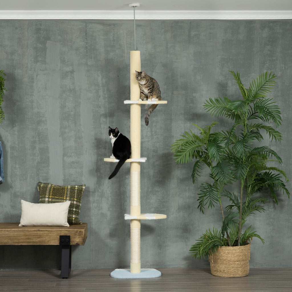 PawHut 260cm Floor to Ceiling Cat Tree, Height Adjustable Kitten Tower with Anti-slip Kit, Multi-Layer Activity Center w/ Scratching Post Ball Yellow