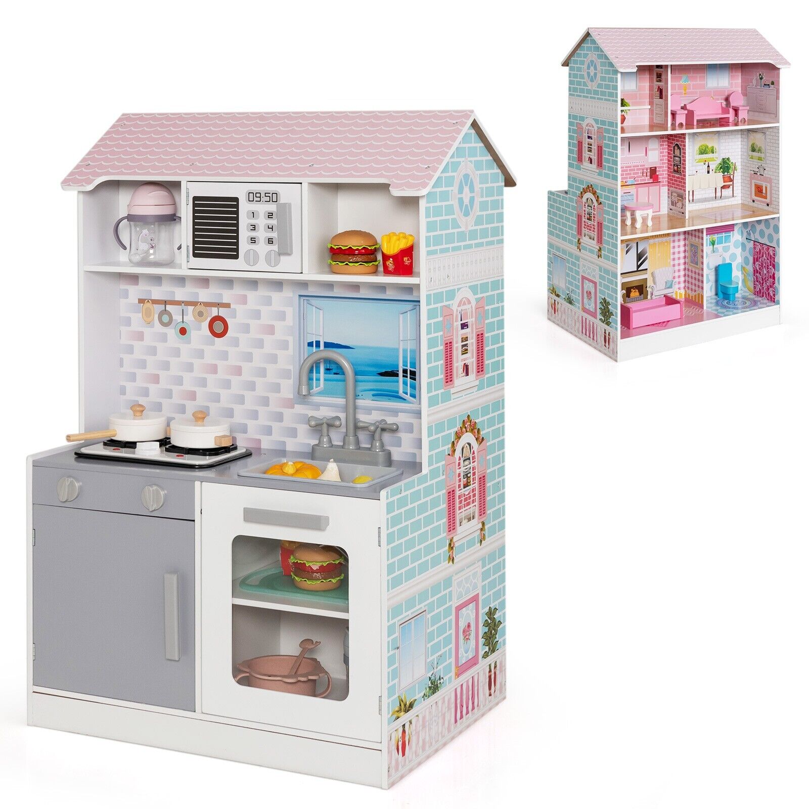 2 in 1 Kids Toy Kitchen and Dollhouse for 3+ Years Old Children