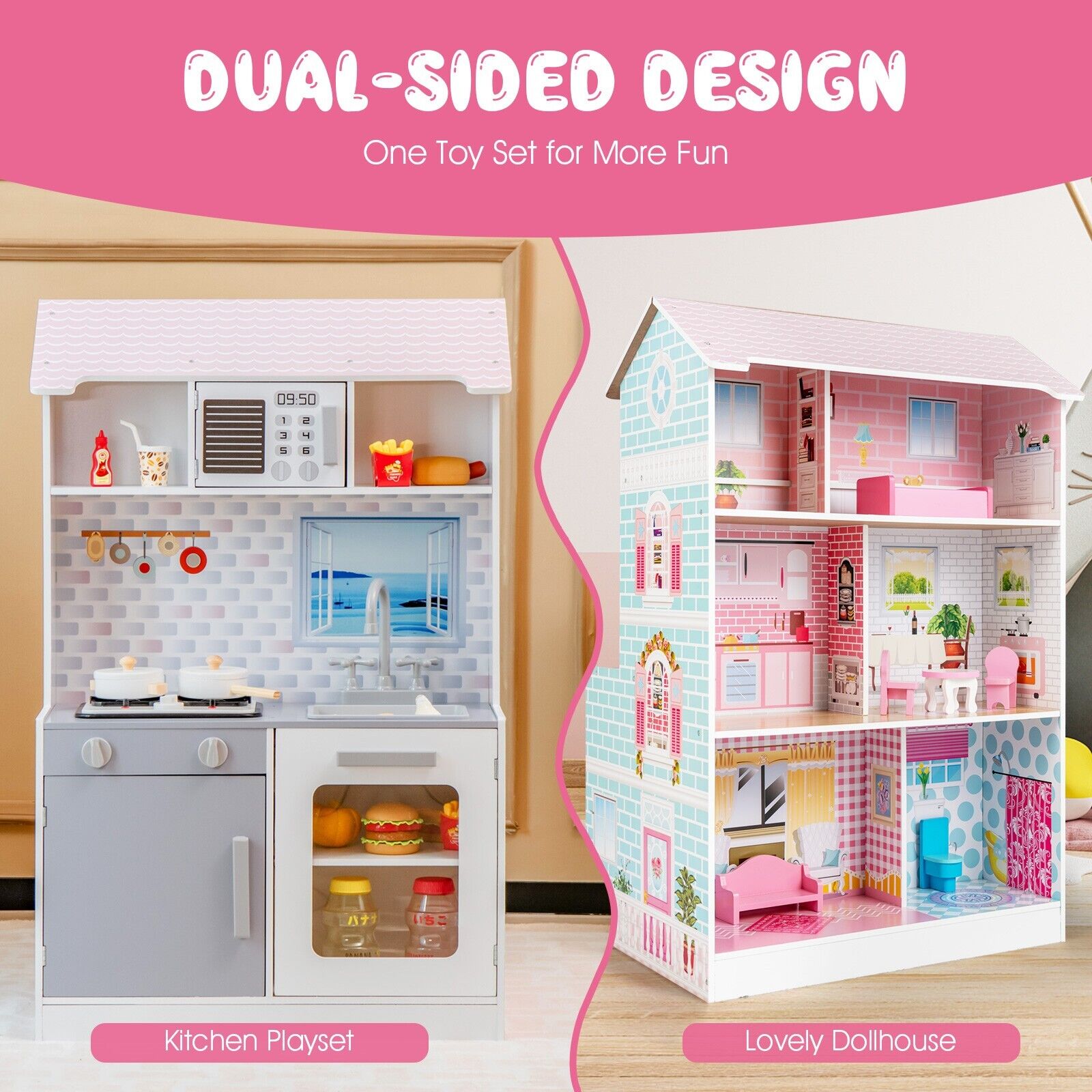 2 in 1 Kids Toy Kitchen and Dollhouse for 3+ Years Old Children