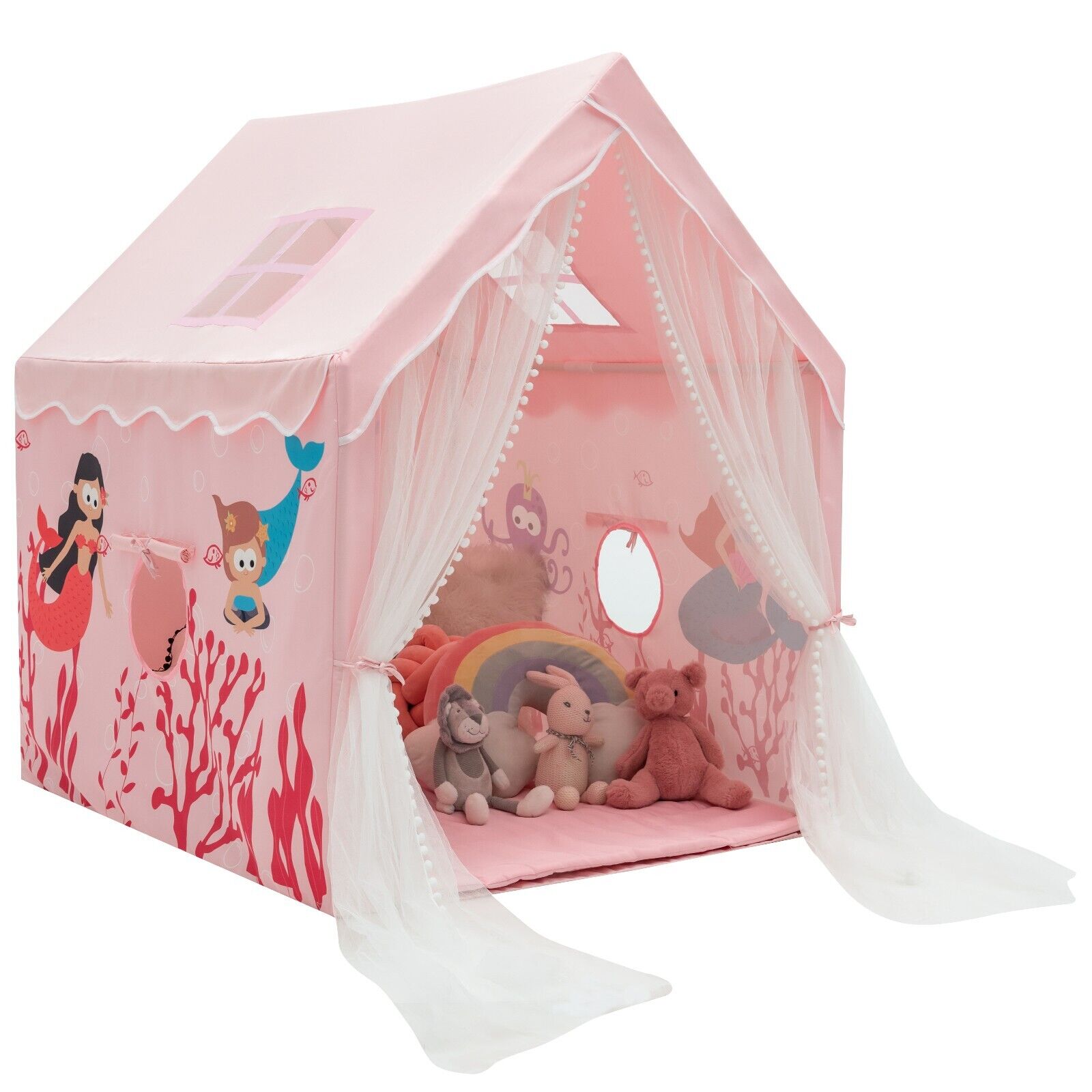 Kids Play Tent with Washable Mat and Windows Pink