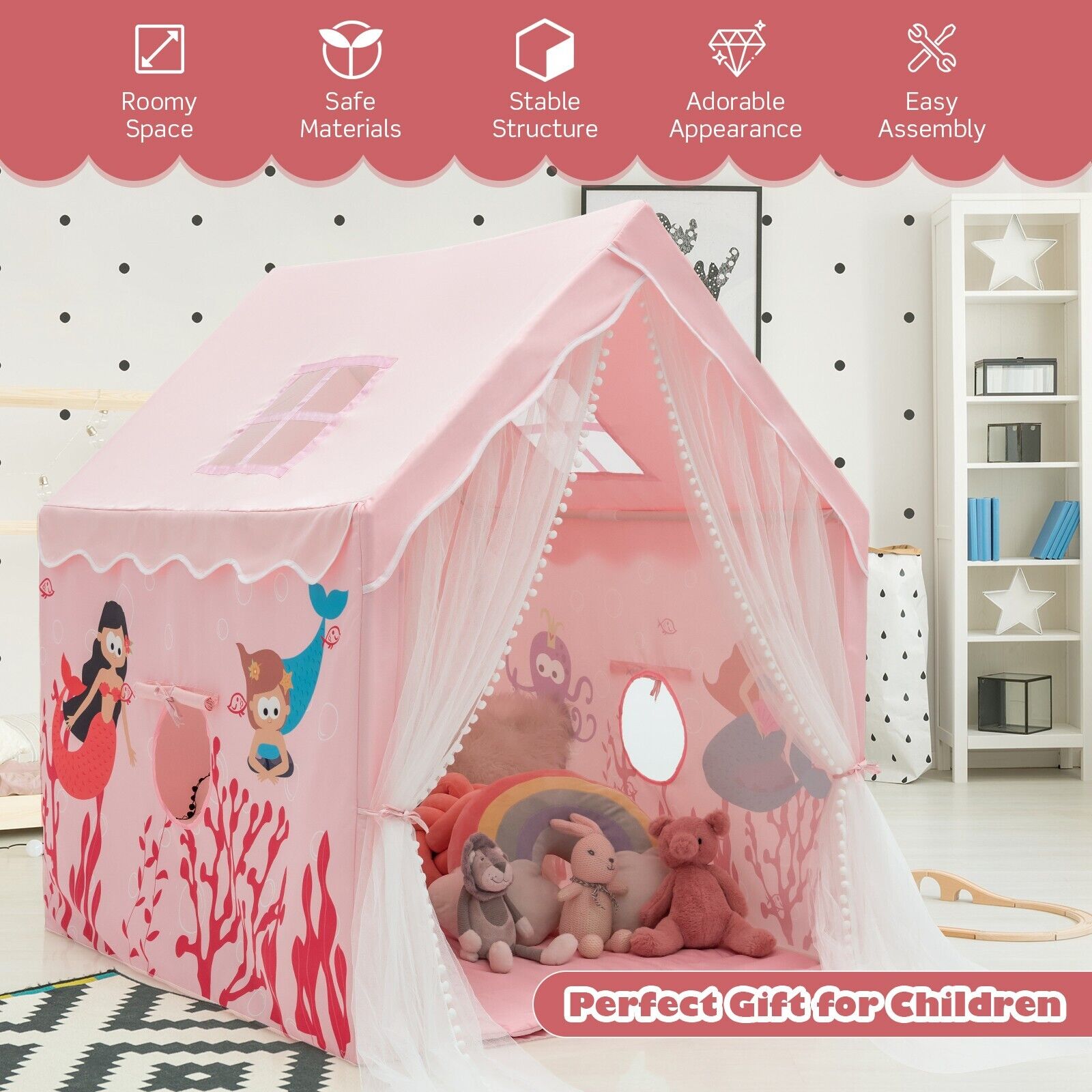 Kids Play Tent with Washable Mat and Windows-Pink