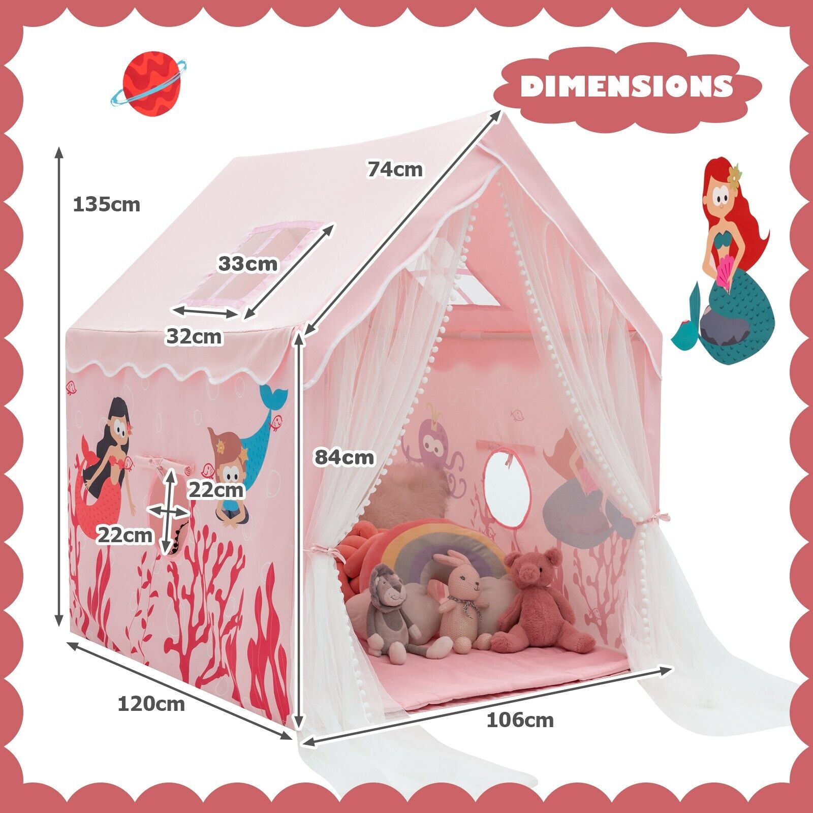 Kids Play Tent with Washable Mat and Windows-Pink