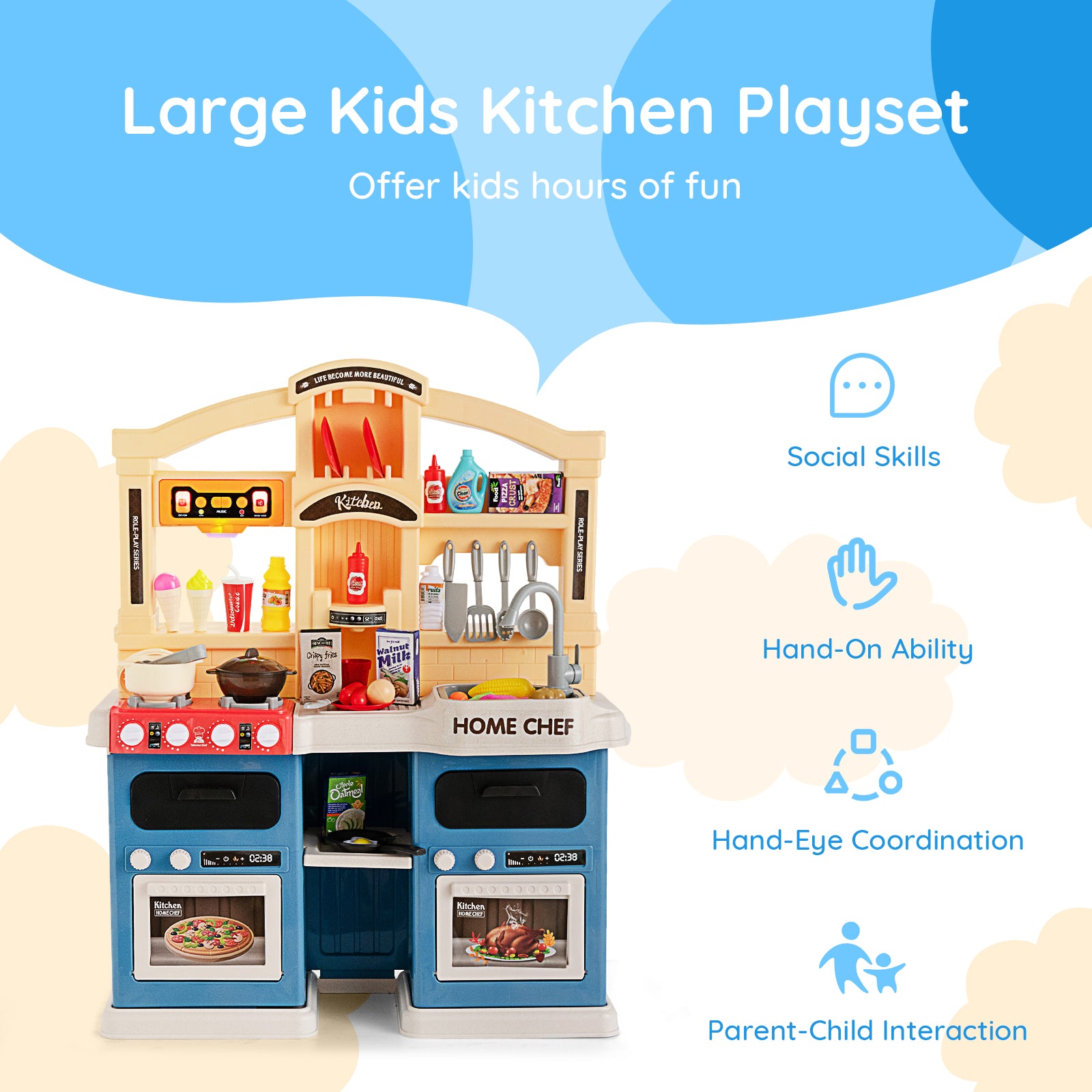 69 Pieces Kids Pretend Toy Kitchen Set with Boiling and Vapor Effects-Blue