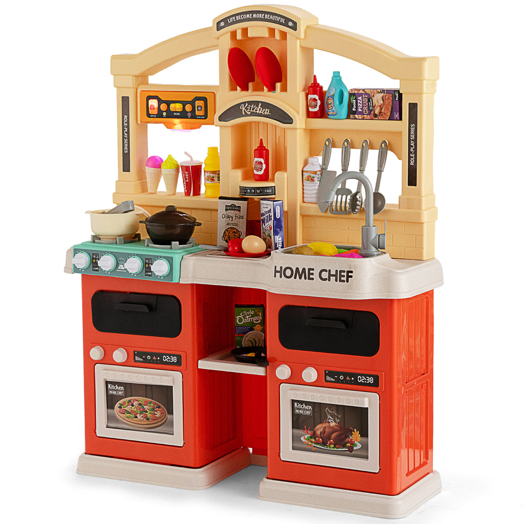 69 Pieces Kids Pretend Toy Kitchen Set with Boiling and Vapor Effects-Orange