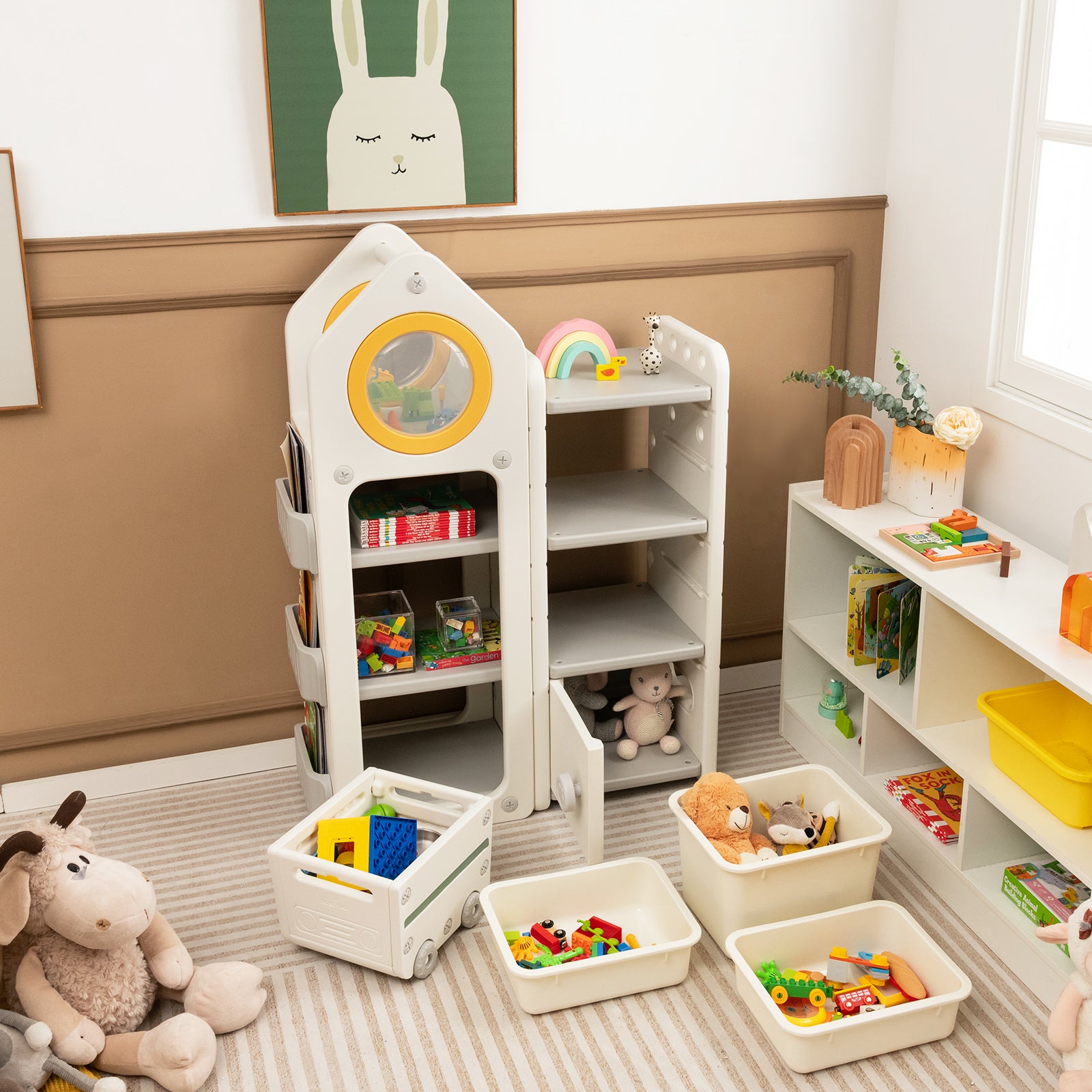 Kids Toy Storage Organizer with Mobile Trolley and Unique Roof-Beige