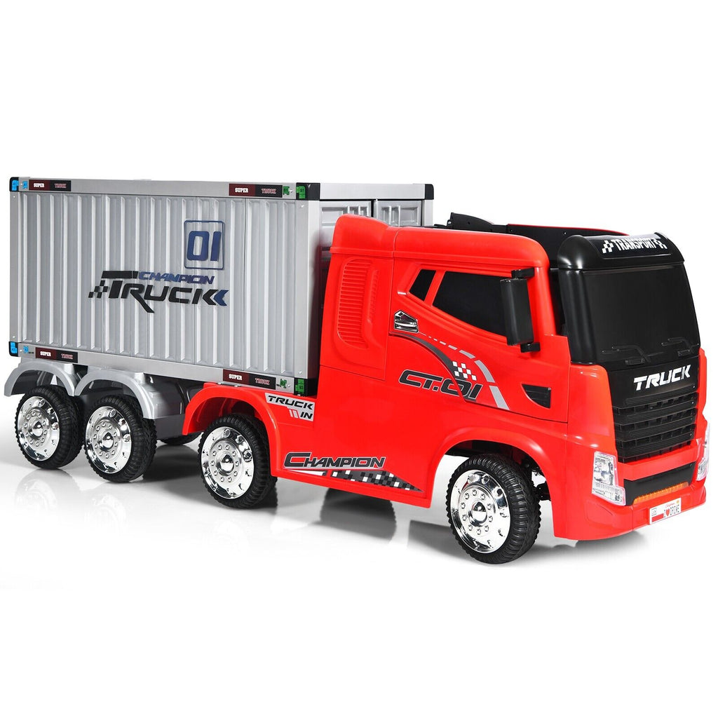 12V Ride-On Semi-Truck with Container for Kids of 3-8 Year Old-Red