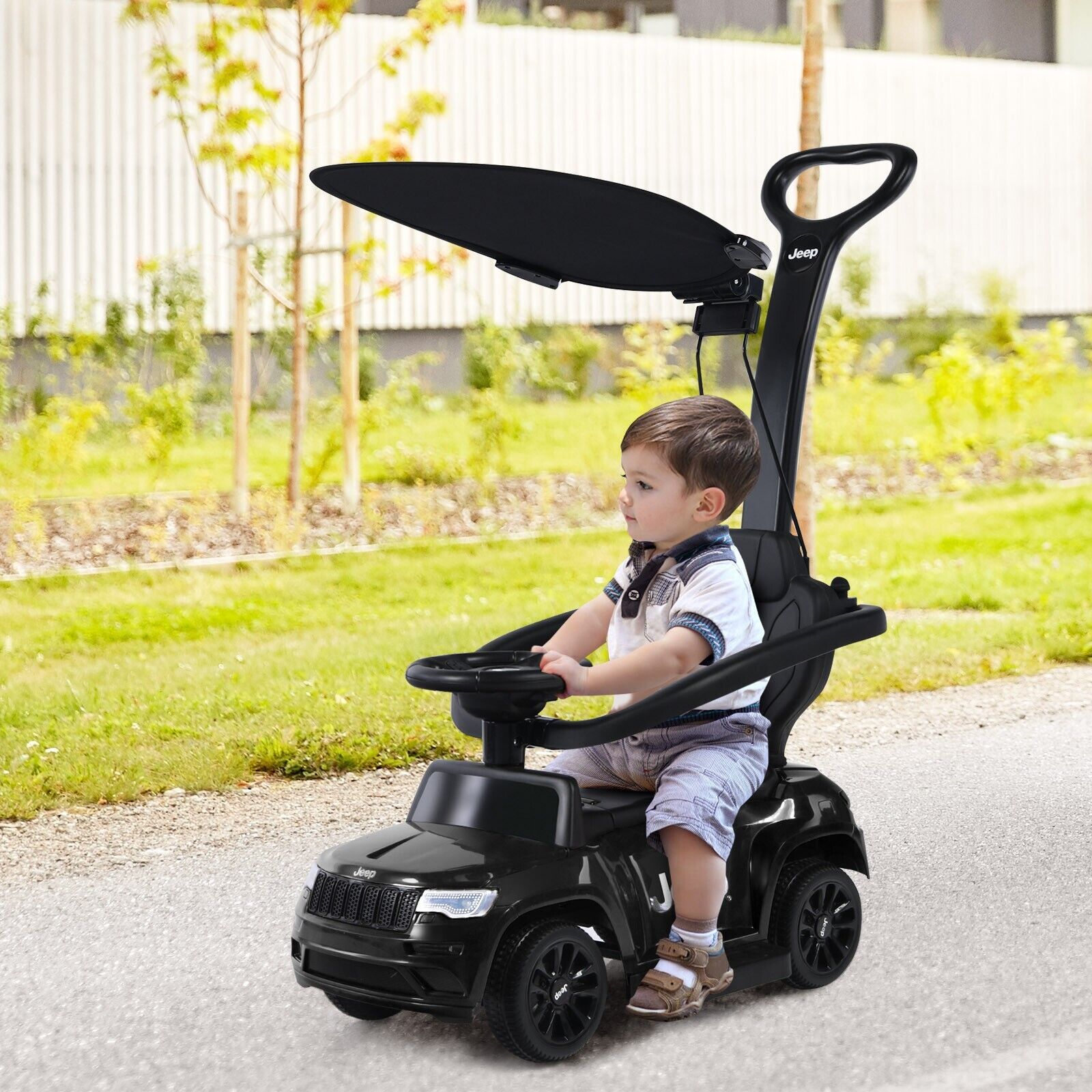 3-In-1 Kids Ride-On Push Car with Adjustable Visor-Black