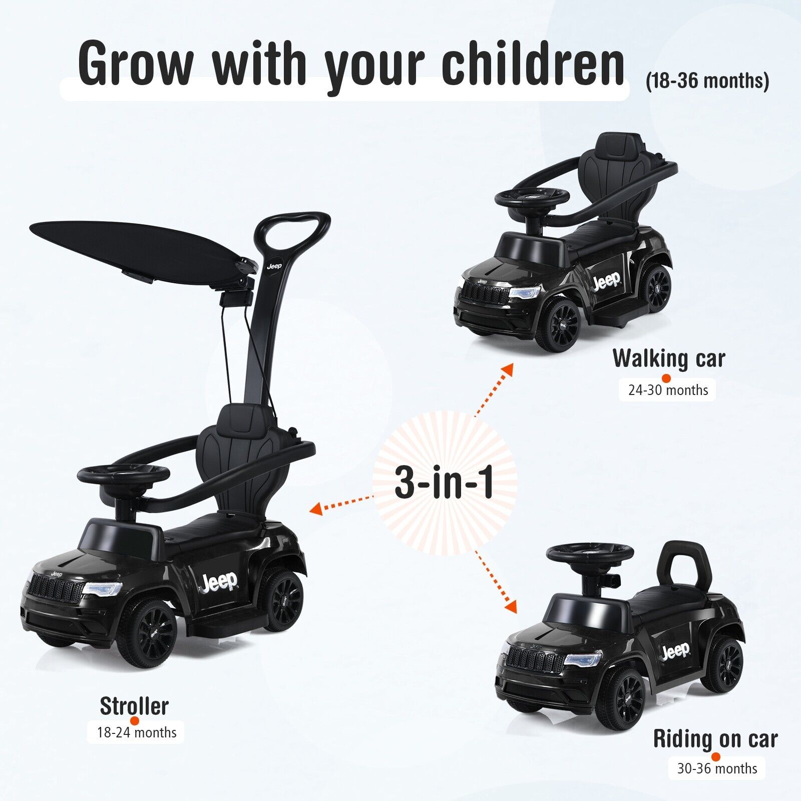 3-In-1 Kids Ride-On Push Car with Adjustable Visor-Black