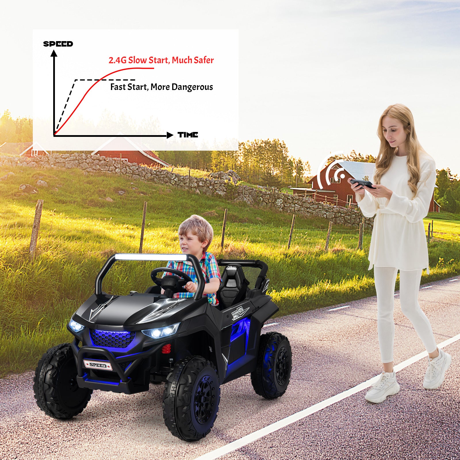 12V Battery Powered Electric Parent-Child Ride on Car-Black