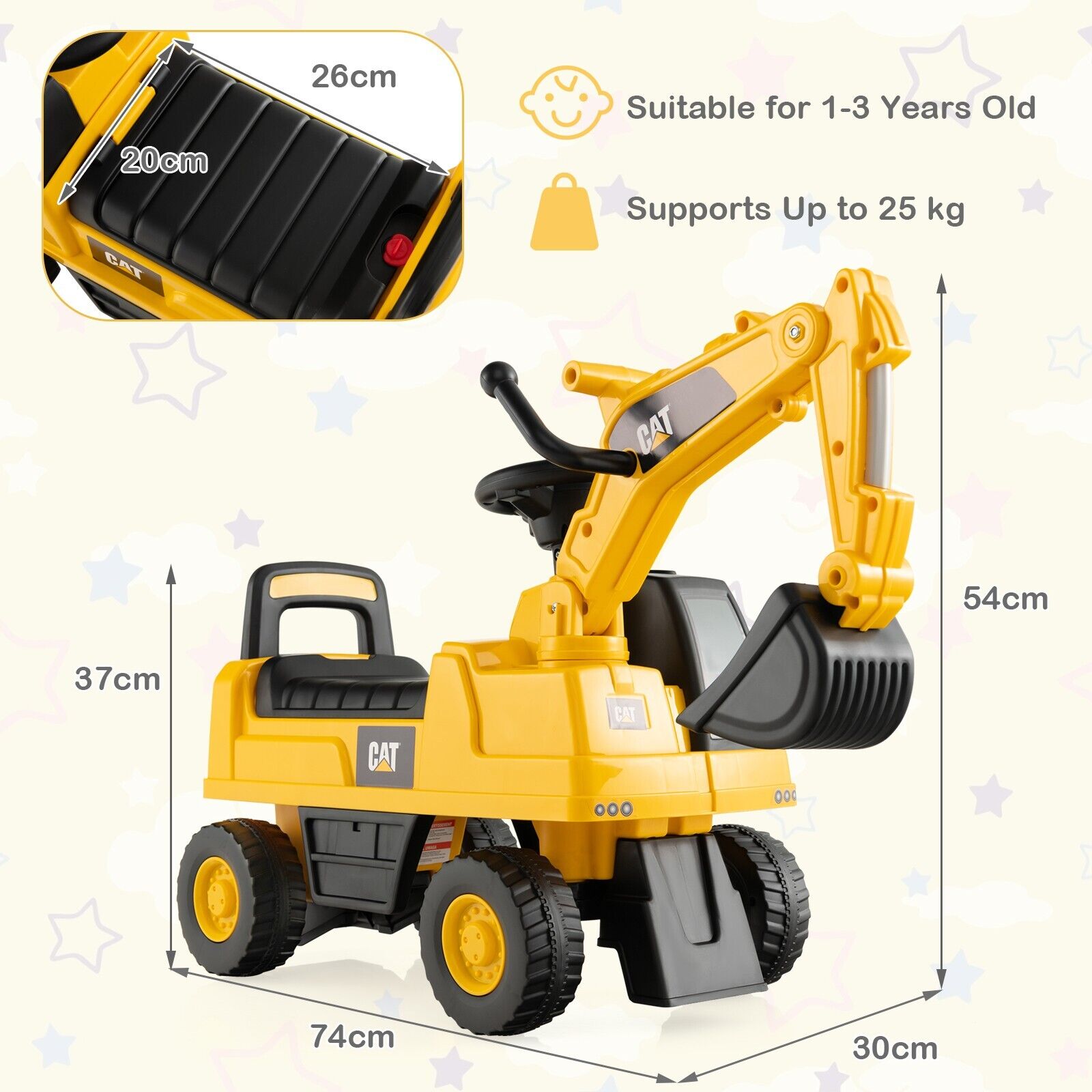 Kid's Rid-On Digger with Rotatable Digging Bucket-Yellow