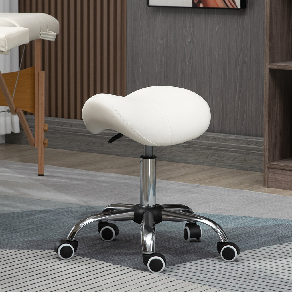 HOMCOM Cosmetic Stool 360° Rotate Height Adjustable Salon Massage Spa Chair Hydraulic Rolling Faux Leather Saddle Stool, Cream