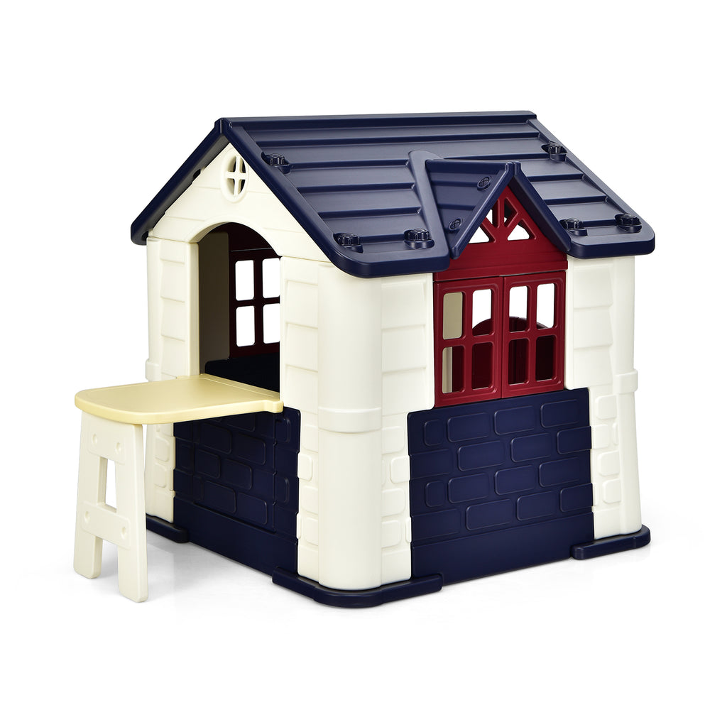 Outdoor Cottage Pretend Play Center with Picnic Table and Food Toy Set Blue