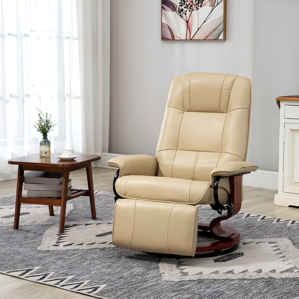 Swivel Recliner, Faux Leather Reclining Chair, Upholstered Armchair with Wooden Base for Living Room, Bedroom, Cream