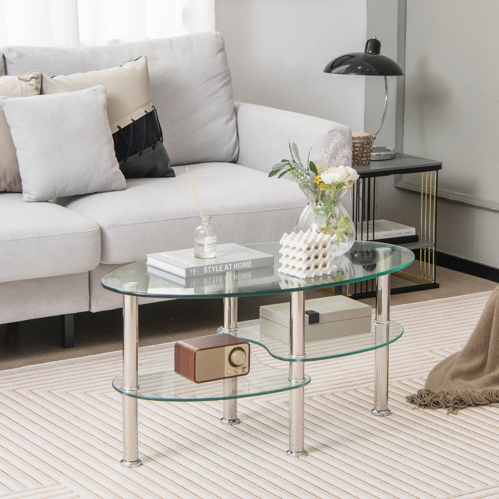 3-tier Tempered Glass Coffee Table wIth Steel Frame-Transparent